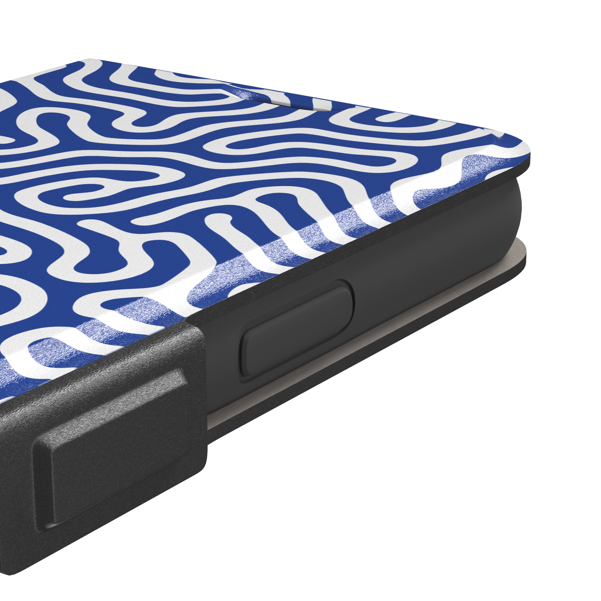 Maze phone case variant in cobalt blue and white with continuous winding line pattern in a bright two-tone finish, phone case by Caselier — wallet case, volume buttons detail