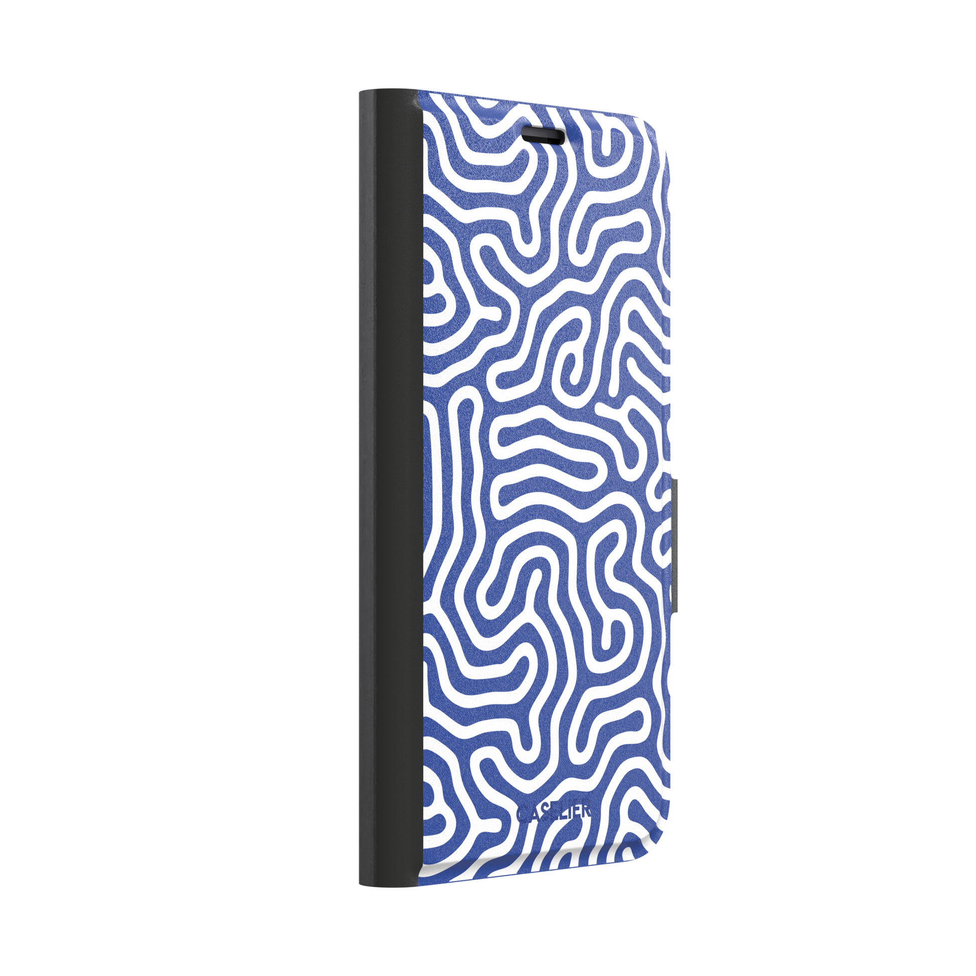 Maze phone case variant in cobalt blue and white with continuous winding line pattern in a bright two-tone finish, phone case by Caselier — wallet case, left view