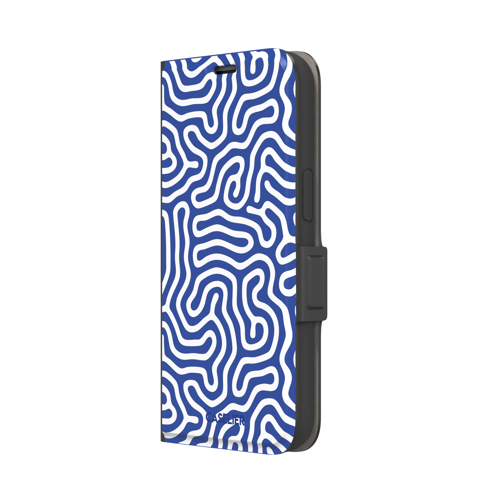 Maze phone case variant in cobalt blue and white with continuous winding line pattern in a bright two-tone finish, phone case by Caselier — wallet case, right view