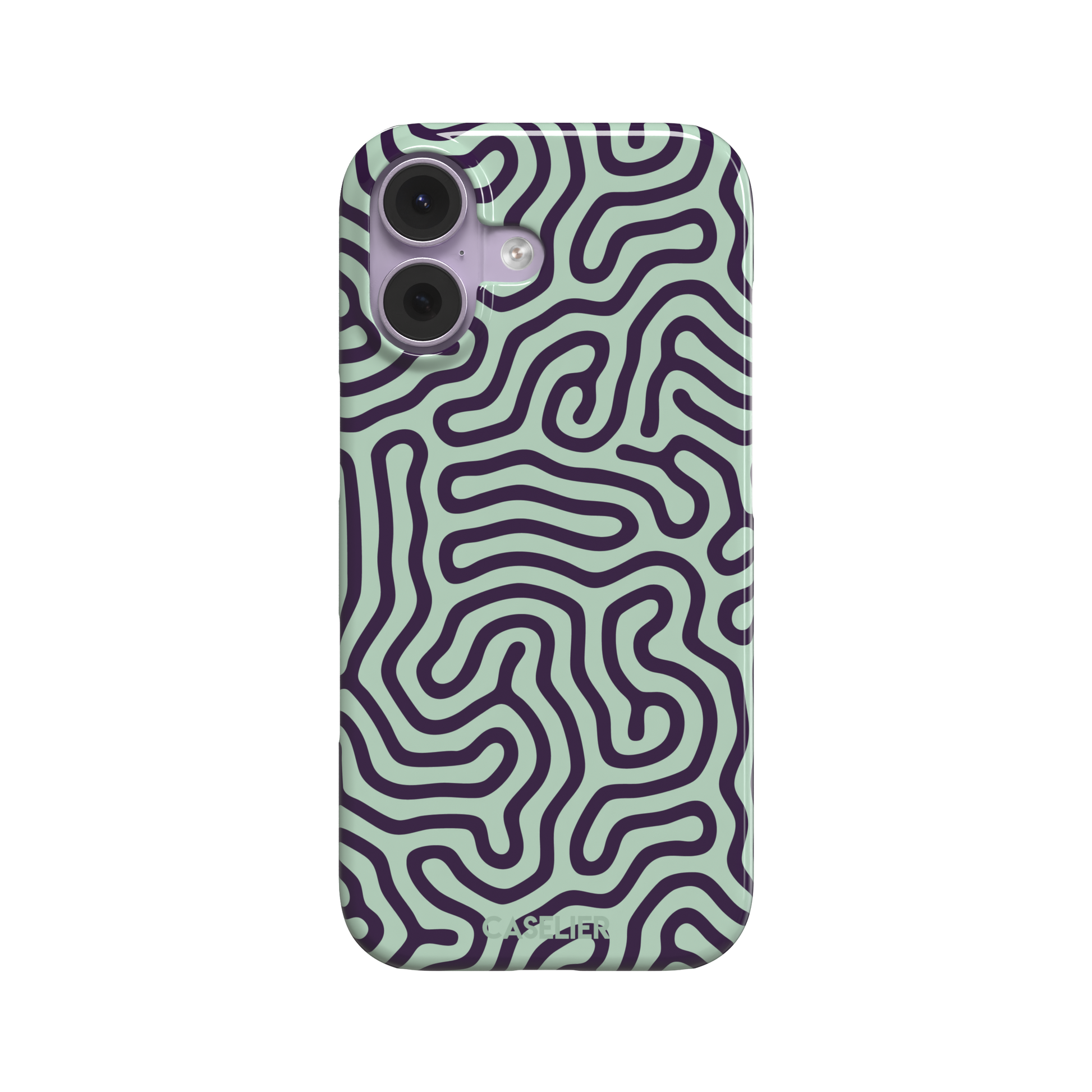 Maze phone case variant in sage green and deep purple with the same flowing organic labyrinth line pattern, phone case by Caselier — snap case, front view