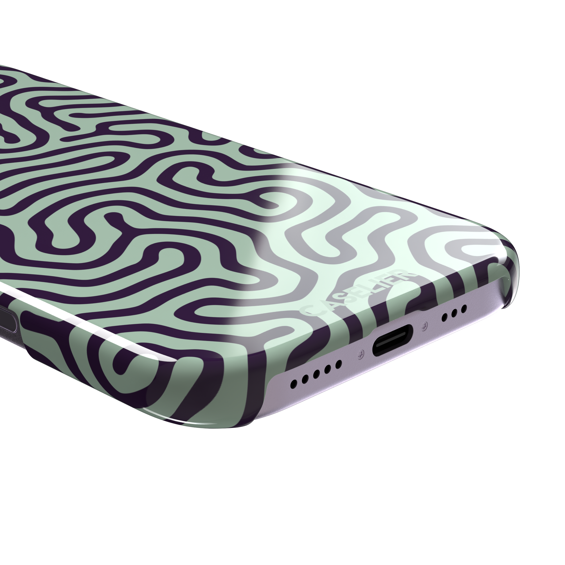 Maze phone case variant in sage green and deep purple with the same flowing organic labyrinth line pattern, phone case by Caselier — snap case, charging port detail