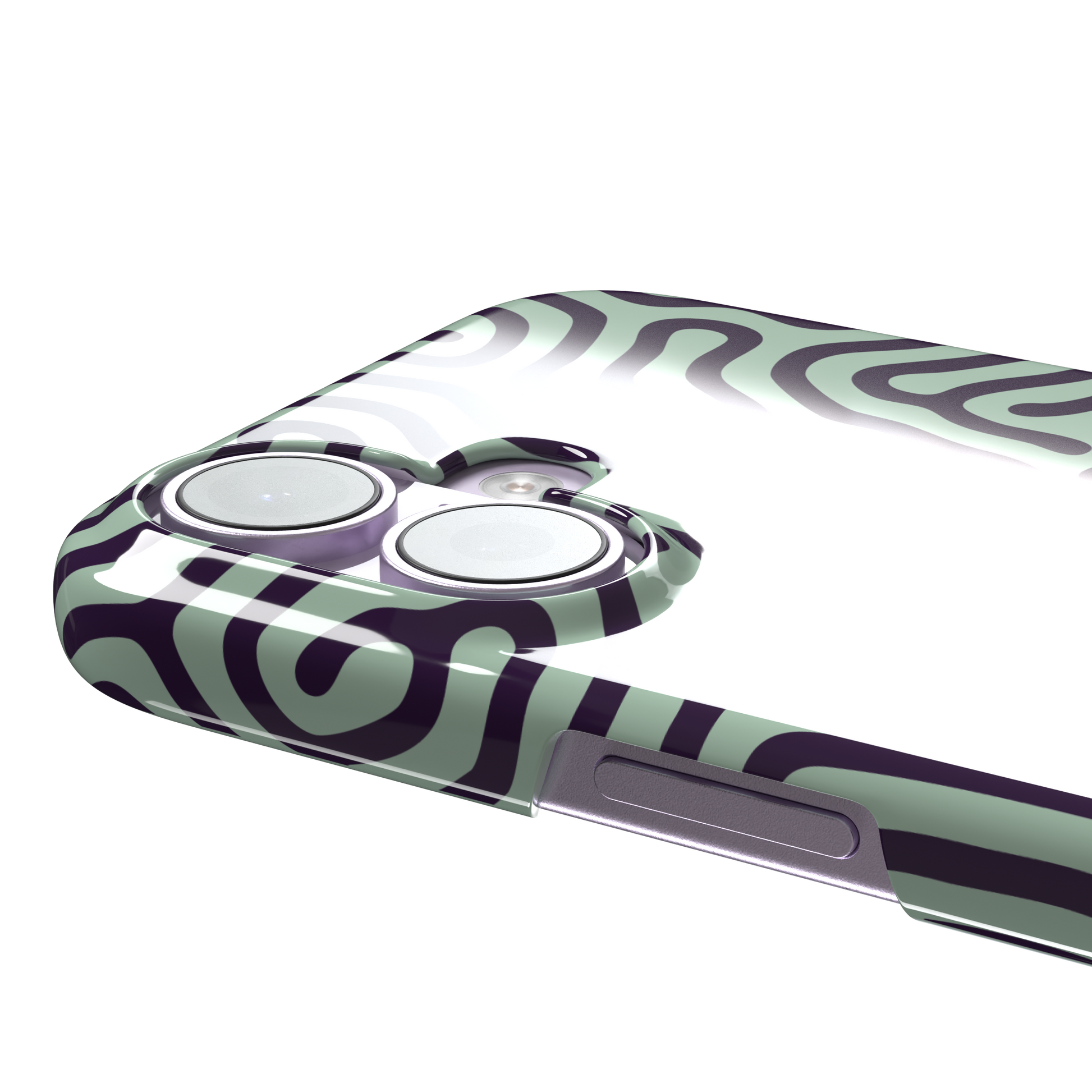 Maze phone case variant in sage green and deep purple with the same flowing organic labyrinth line pattern, phone case by Caselier — snap case, volume buttons detail