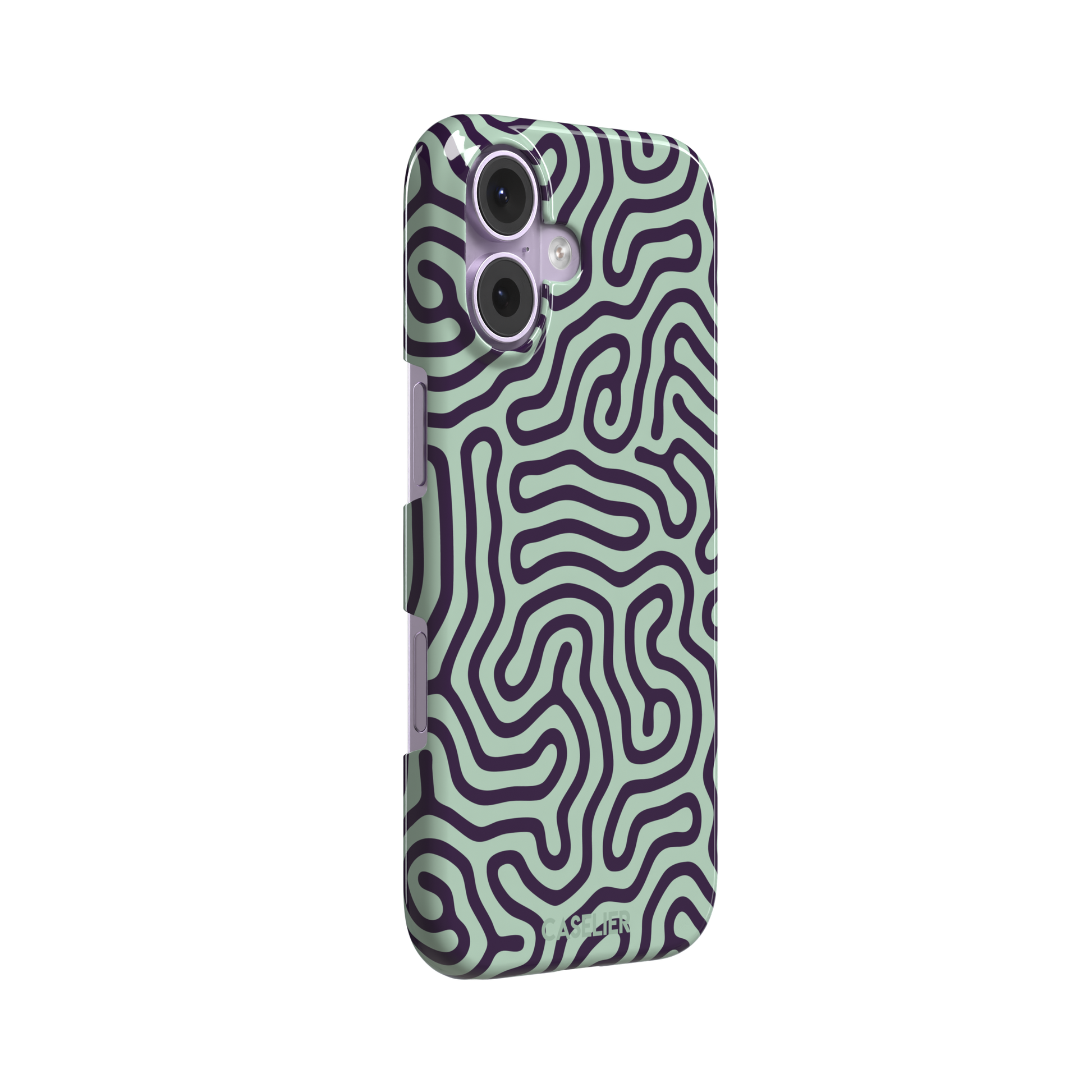 Maze phone case variant in sage green and deep purple with the same flowing organic labyrinth line pattern, phone case by Caselier — snap case, left view