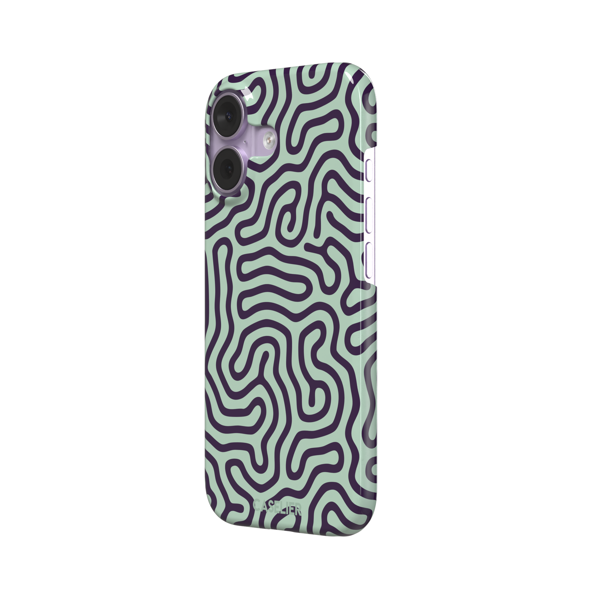Maze phone case variant in sage green and deep purple with the same flowing organic labyrinth line pattern, phone case by Caselier — snap case, right view