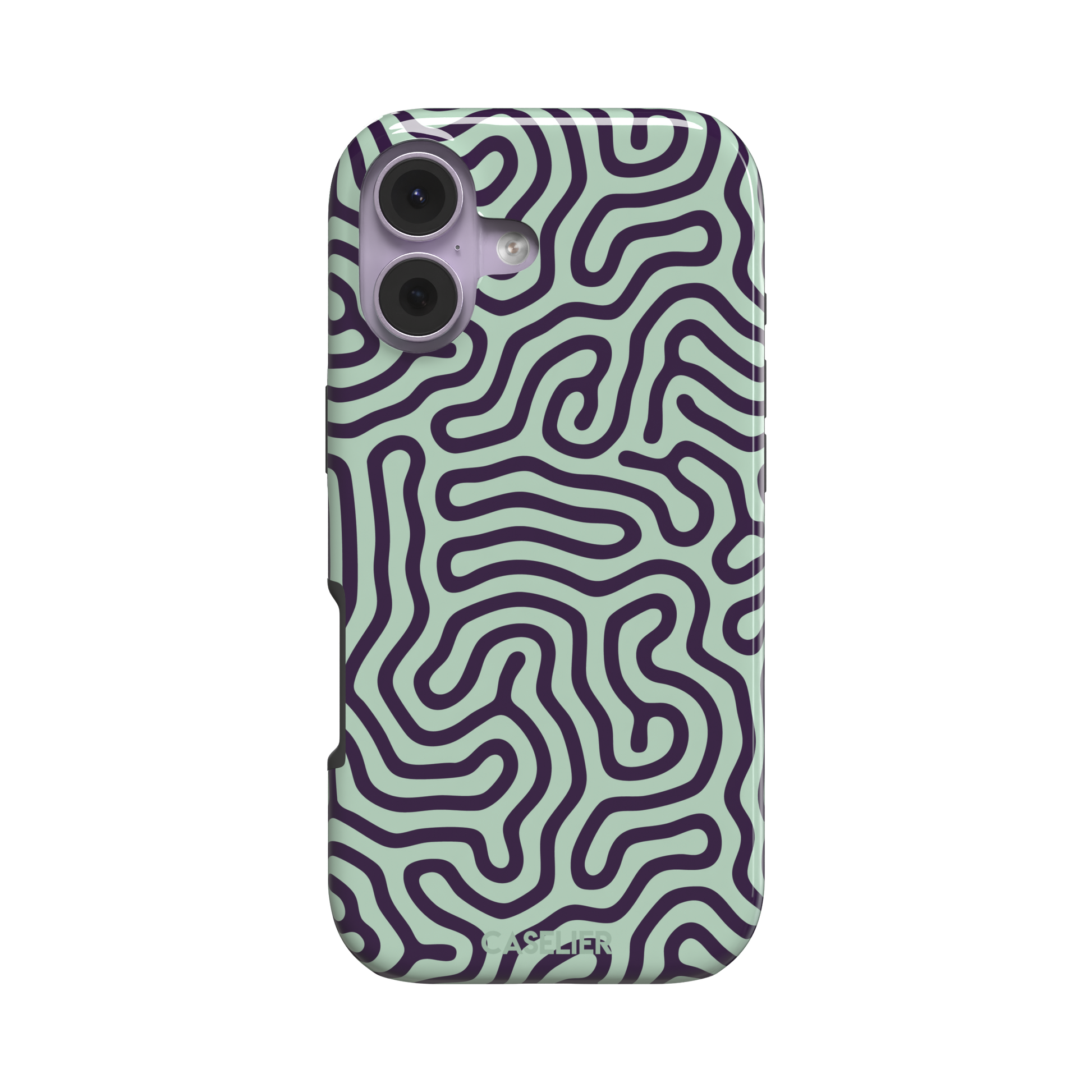 Maze phone case variant in sage green and deep purple with the same flowing organic labyrinth line pattern, phone case by Caselier — tough case, front view