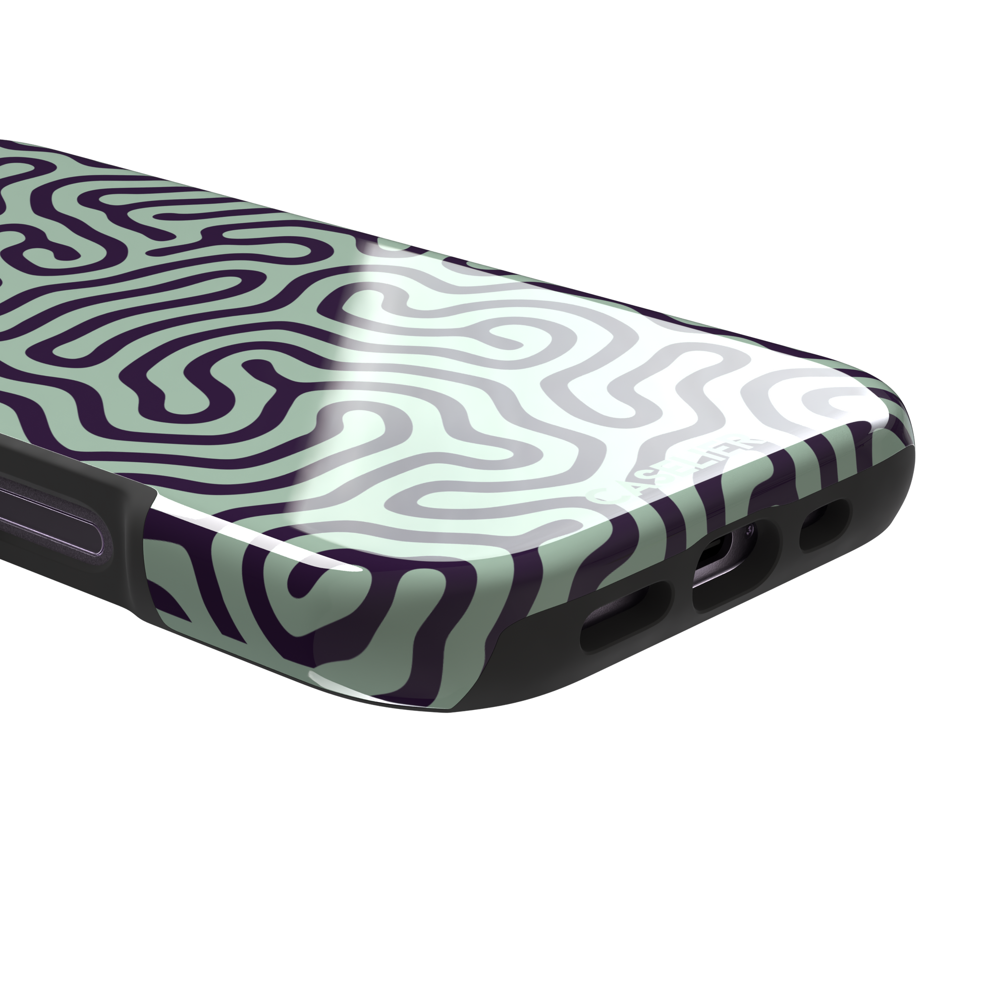 Maze phone case variant in sage green and deep purple with the same flowing organic labyrinth line pattern, phone case by Caselier — tough case, charging port detail