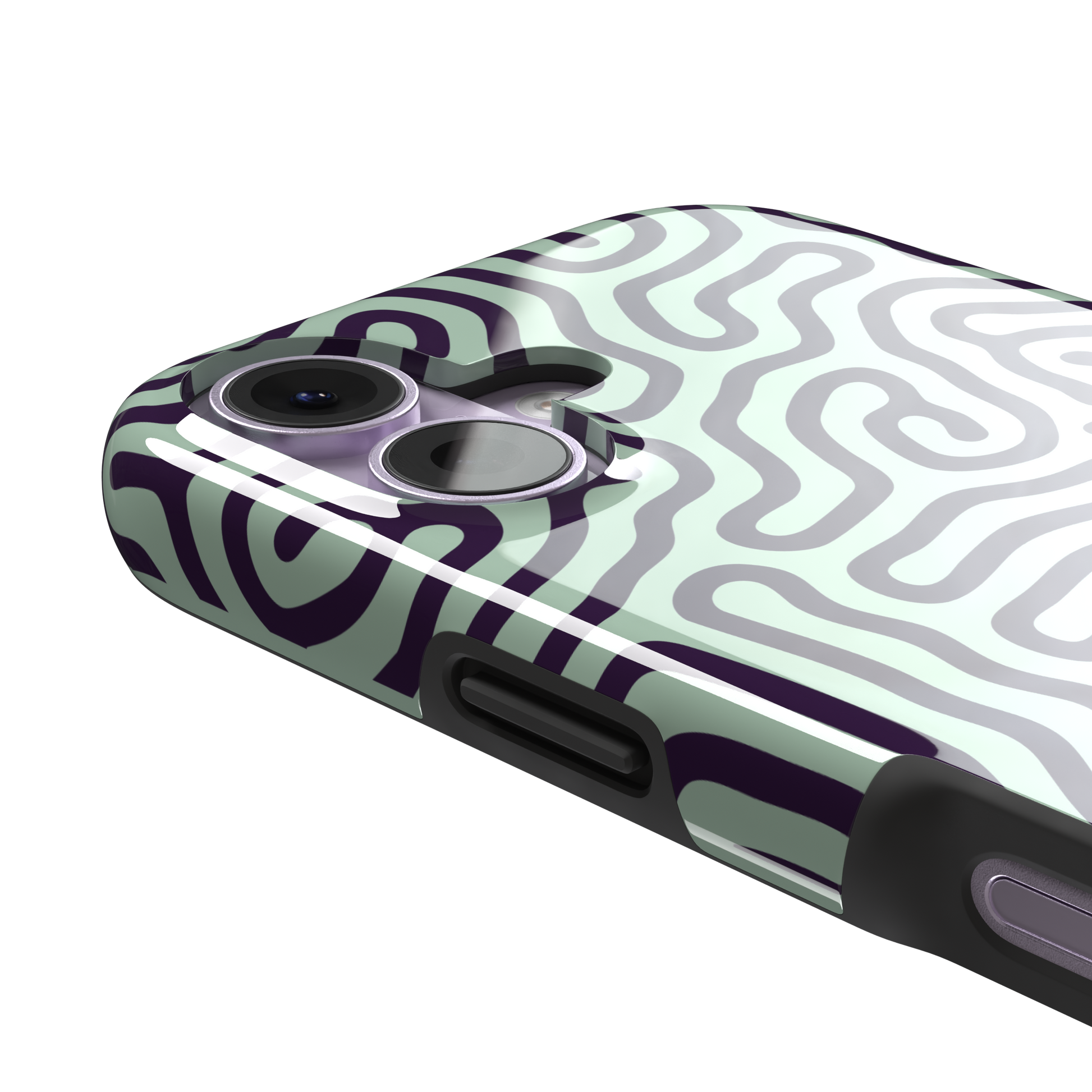 Maze phone case variant in sage green and deep purple with the same flowing organic labyrinth line pattern, phone case by Caselier — tough case, volume buttons detail