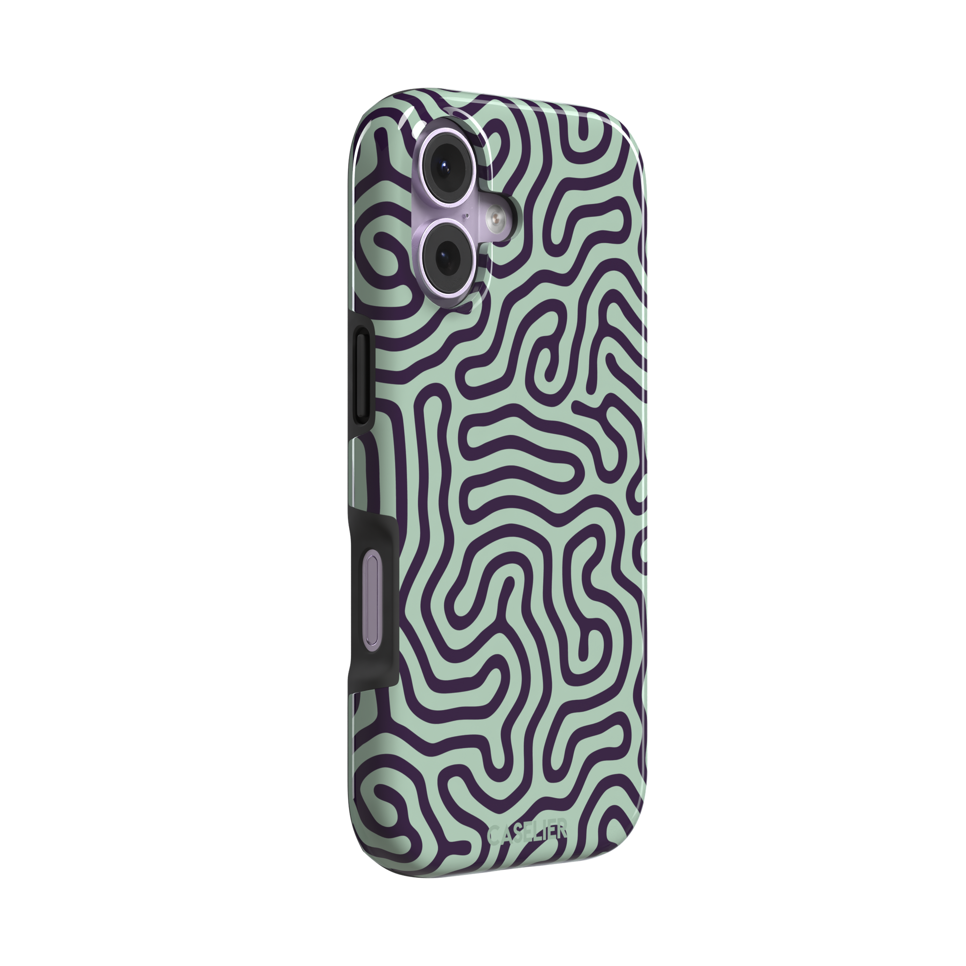 Maze phone case variant in sage green and deep purple with the same flowing organic labyrinth line pattern, phone case by Caselier — tough case, left view