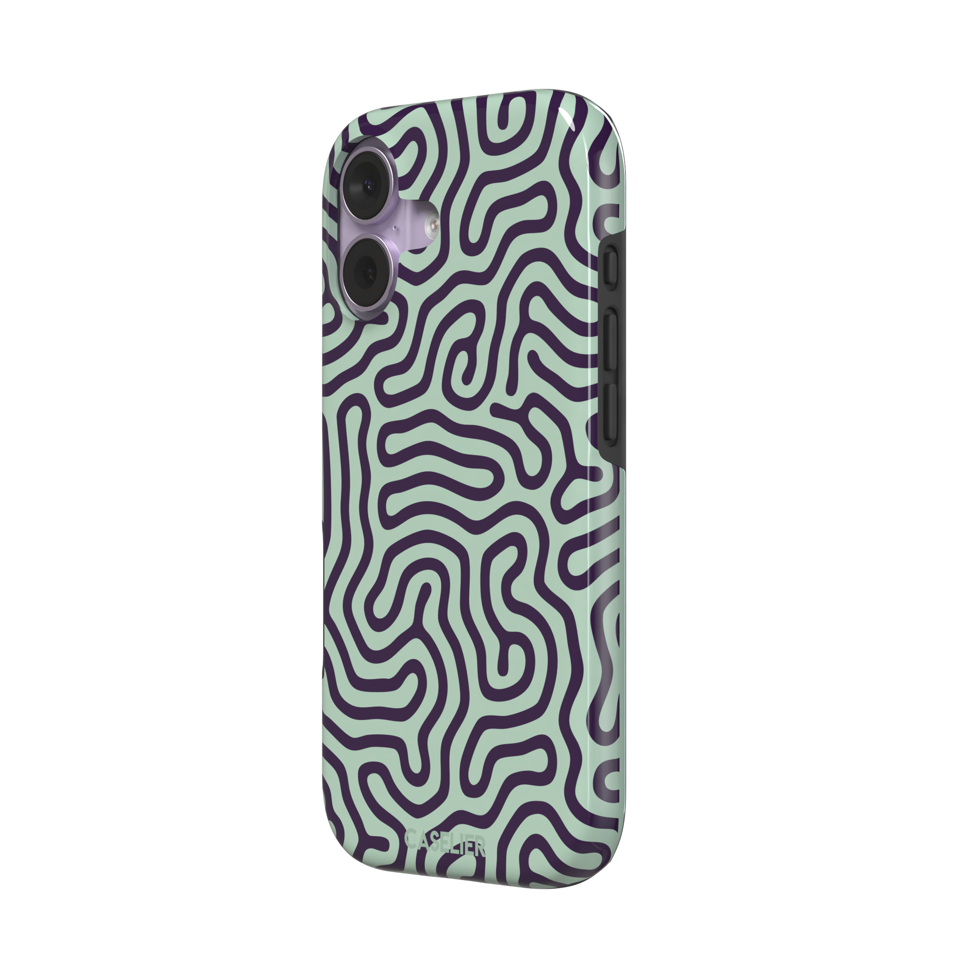 Maze phone case variant in sage green and deep purple with the same flowing organic labyrinth line pattern, phone case by Caselier — tough case, right view