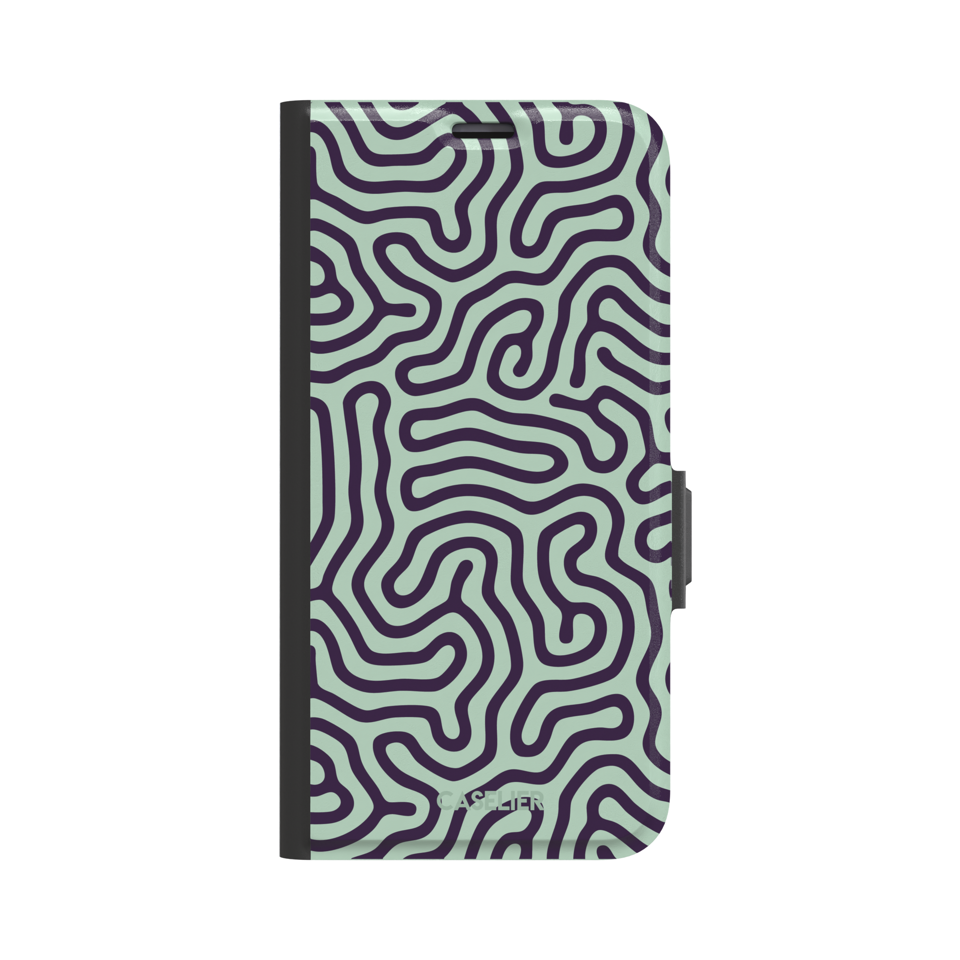 Maze phone case variant in sage green and deep purple with the same flowing organic labyrinth line pattern, phone case by Caselier — wallet case, front view