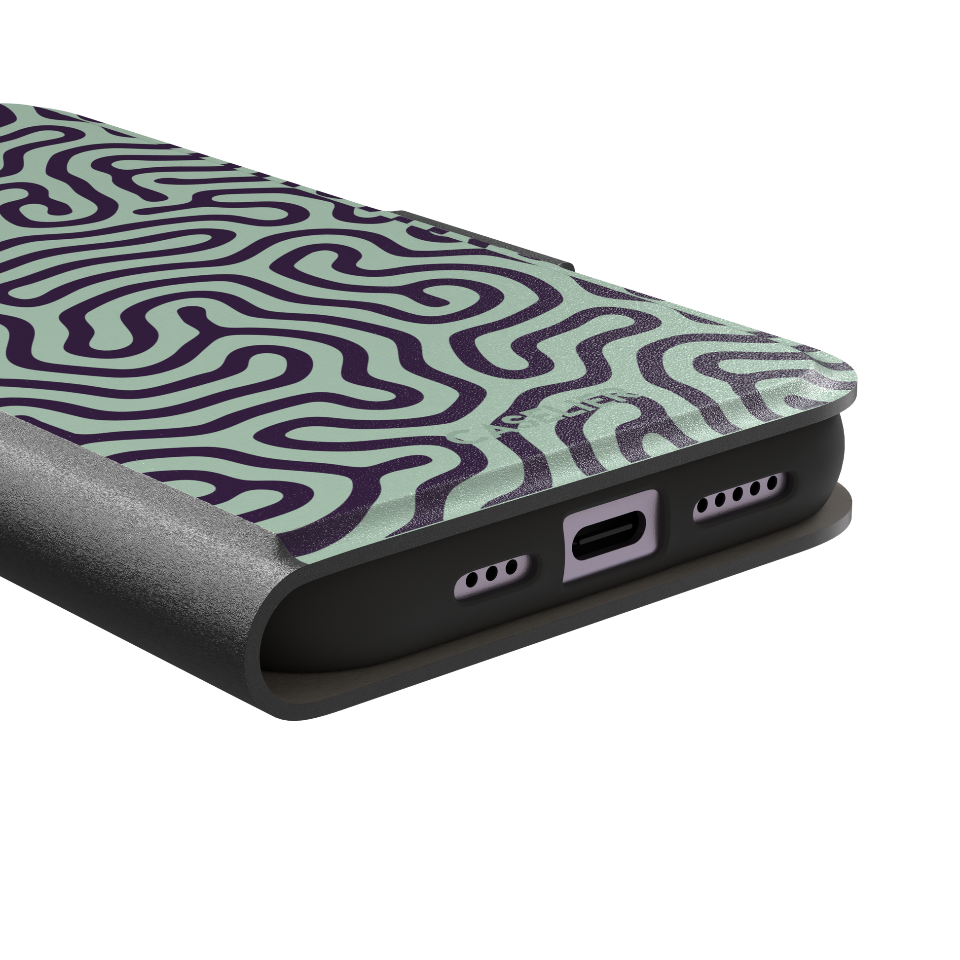 Maze phone case variant in sage green and deep purple with the same flowing organic labyrinth line pattern, phone case by Caselier — wallet case, charging port detail