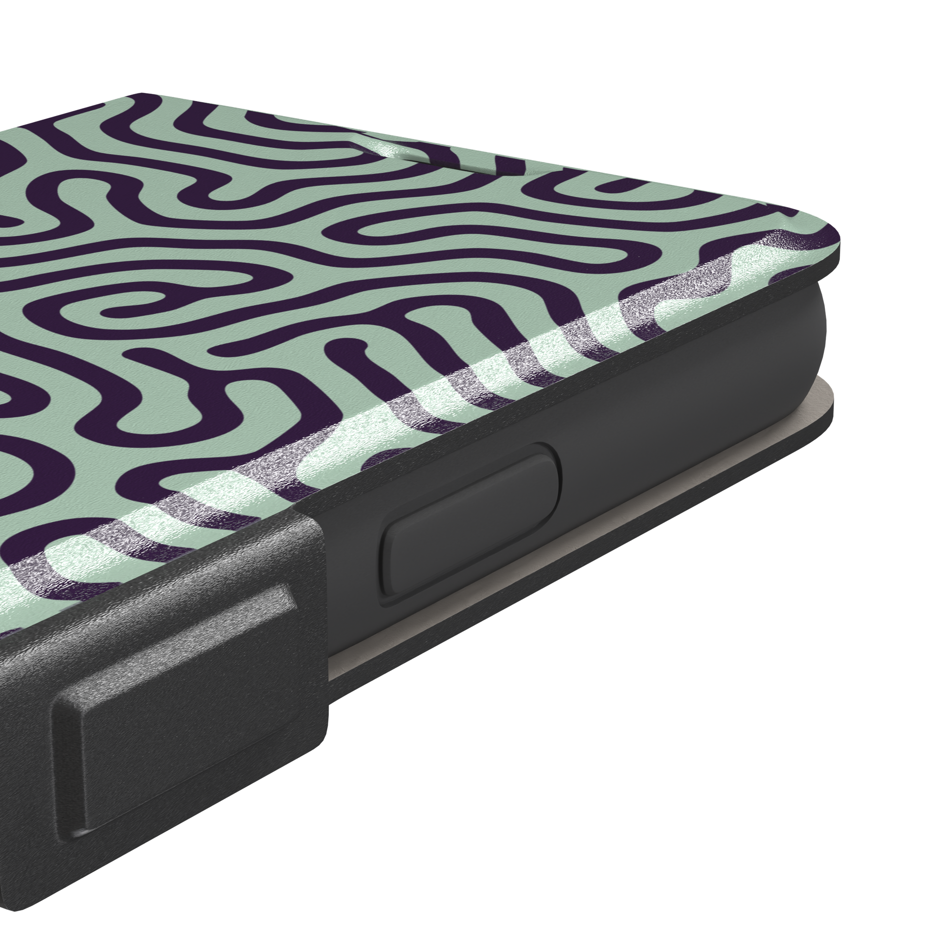Maze phone case variant in sage green and deep purple with the same flowing organic labyrinth line pattern, phone case by Caselier — wallet case, volume buttons detail
