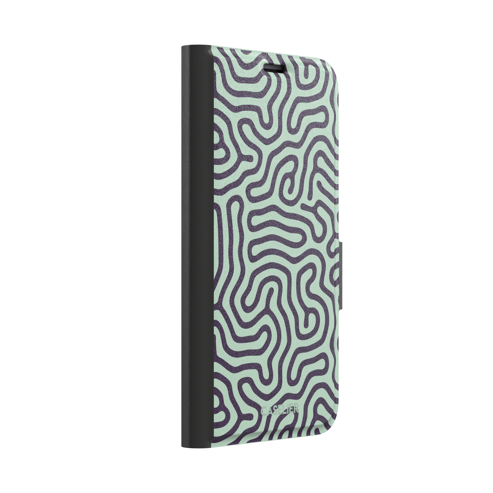 Maze phone case variant in sage green and deep purple with the same flowing organic labyrinth line pattern, phone case by Caselier — wallet case, left view