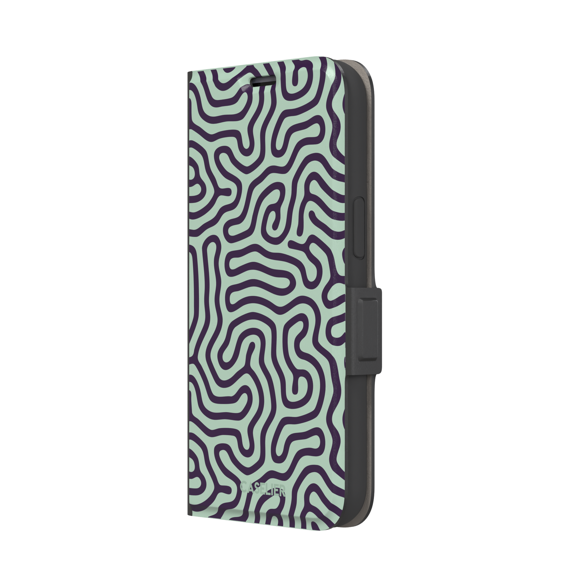 Maze phone case variant in sage green and deep purple with the same flowing organic labyrinth line pattern, phone case by Caselier — wallet case, right view