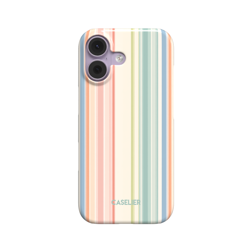 Snap phone case with vertical pastel stripes in blush pink, sage green, dusty blue and cream on an ivory base, front view on white background, phone case by Caselier - snap case, front view | Caselier