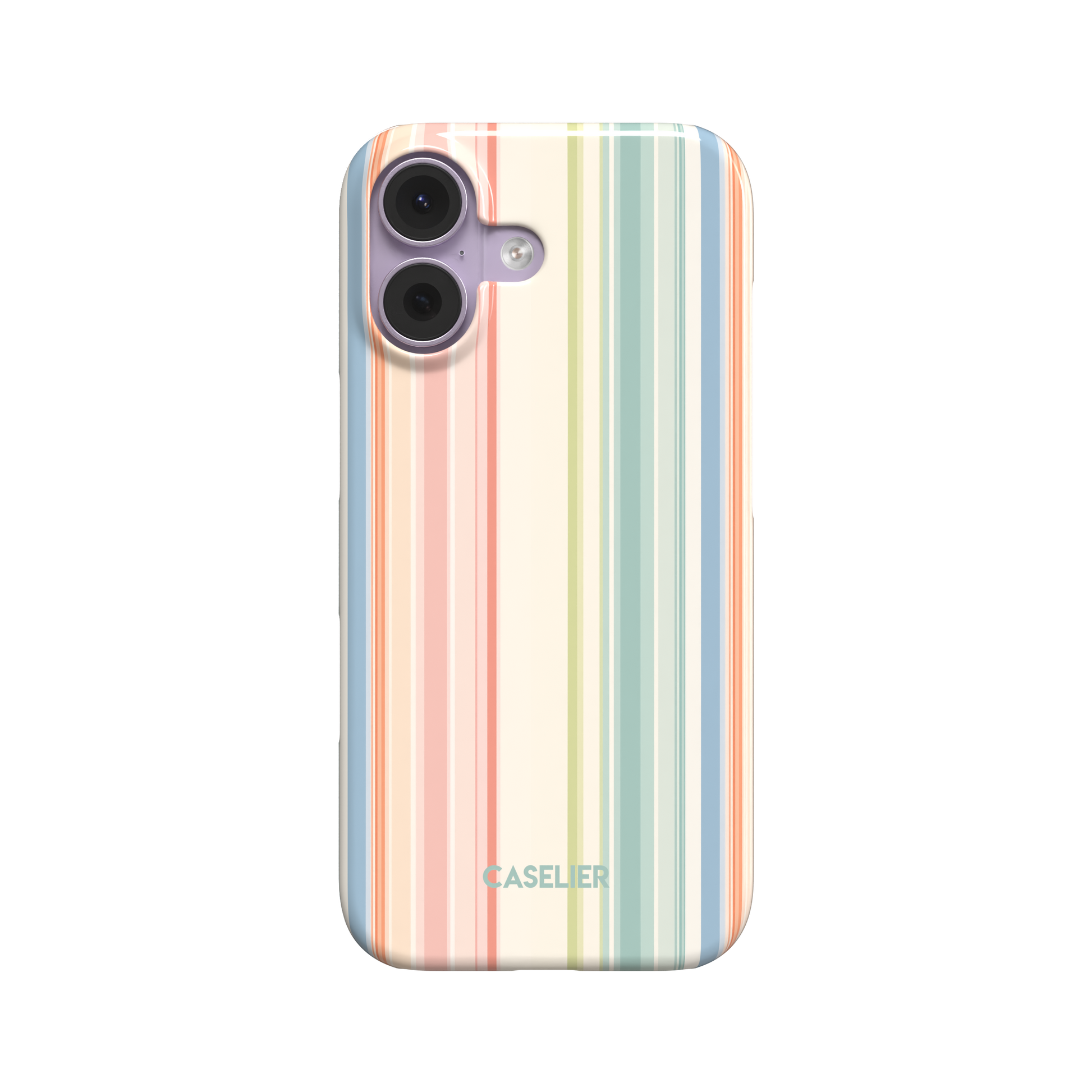 Snap phone case with vertical pastel stripes in blush pink, sage green, dusty blue and cream on an ivory base, front view on white background, phone case by Caselier - snap case, front view | Caselier