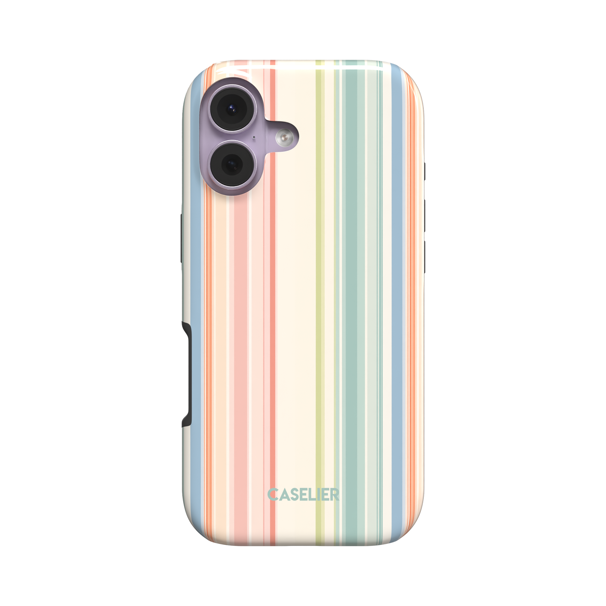 Snap phone case with vertical pastel stripes in blush pink, sage green, dusty blue and cream, slightly angled side view showing button cutouts, phone case by Caselier - tough case, front view | Caselier