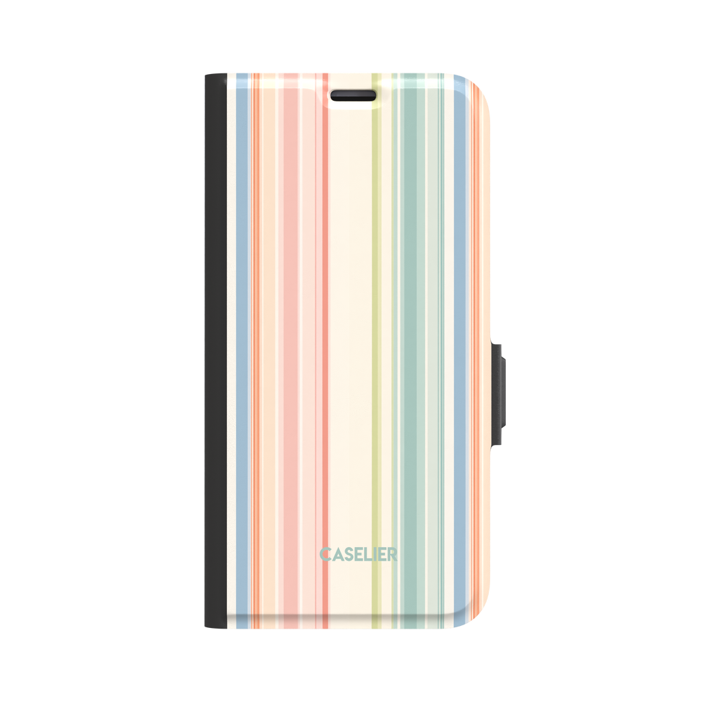 Folio wallet phone case with vertical pastel stripes in blush pink, sage green, dusty blue and cream, front-facing view with black spine and side clasp, phone case by Caselier - wallet case, front view | Caselier