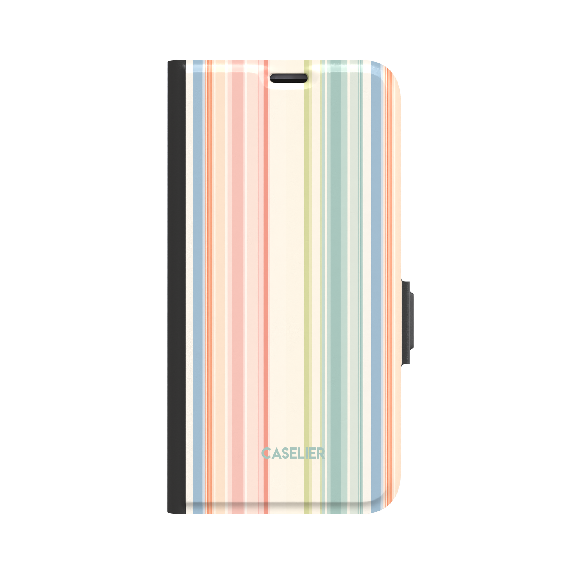Folio wallet phone case with vertical pastel stripes in blush pink, sage green, dusty blue and cream, front-facing view with black spine and side clasp, phone case by Caselier - wallet case, front view | Caselier