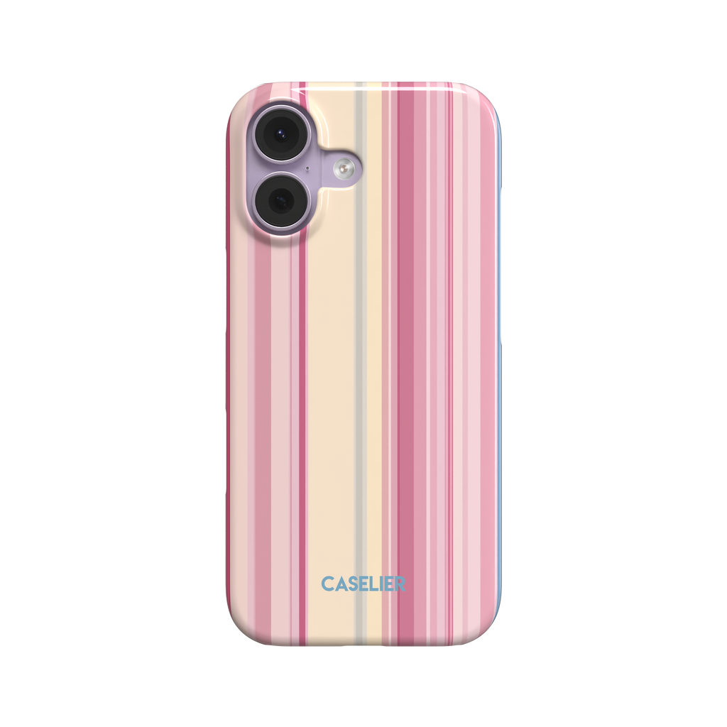 Snap phone case with vertical stripes in shades of deep rose, soft pink and cream on a pink-toned base, primary product shot on white background, phone case by Caselier - snap case, front view | Caselier