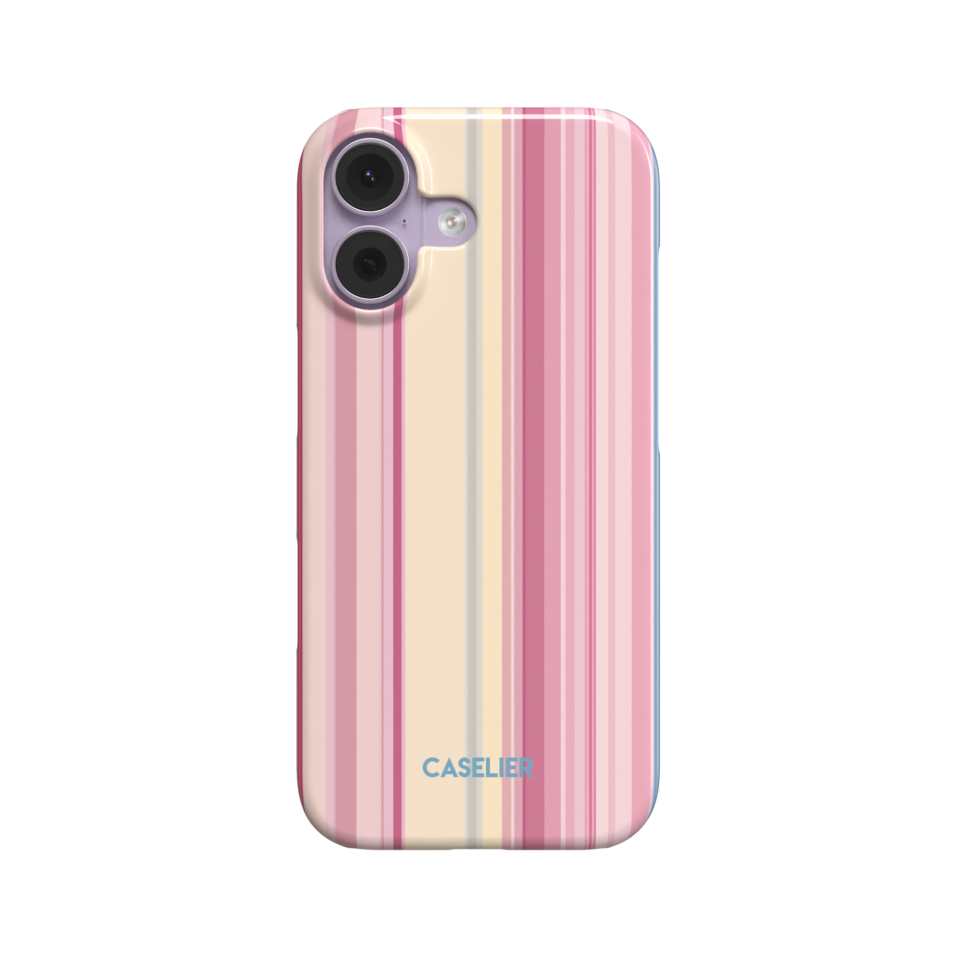Snap phone case with vertical stripes in shades of deep rose, soft pink and cream on a pink-toned base, primary product shot on white background, phone case by Caselier - snap case, front view | Caselier