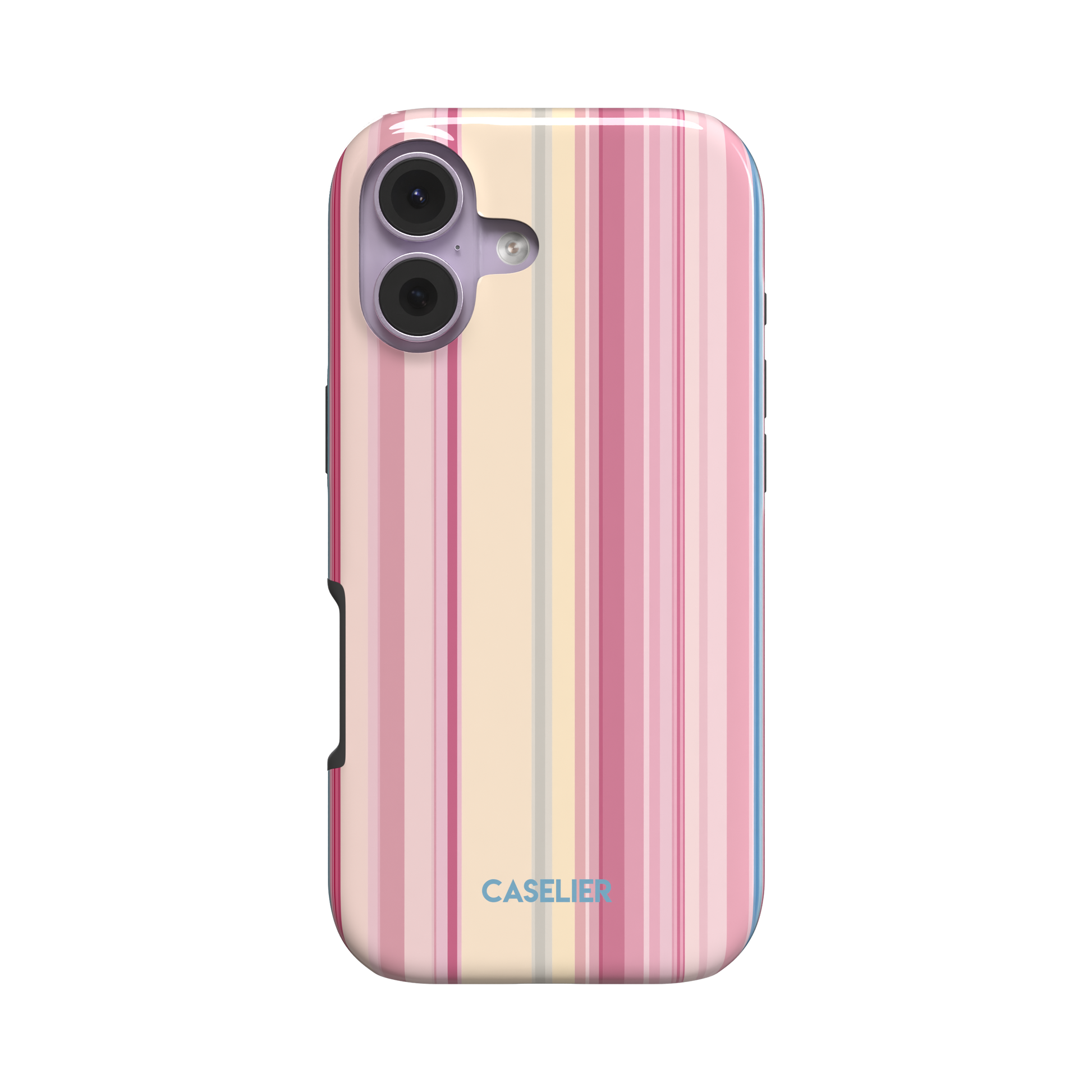Snap phone case with vertical stripes in deep rose, soft pink, cream and a hint of periwinkle blue, slightly angled side view showing button cutouts, phone case by Caselier - tough case, front view | Caselier