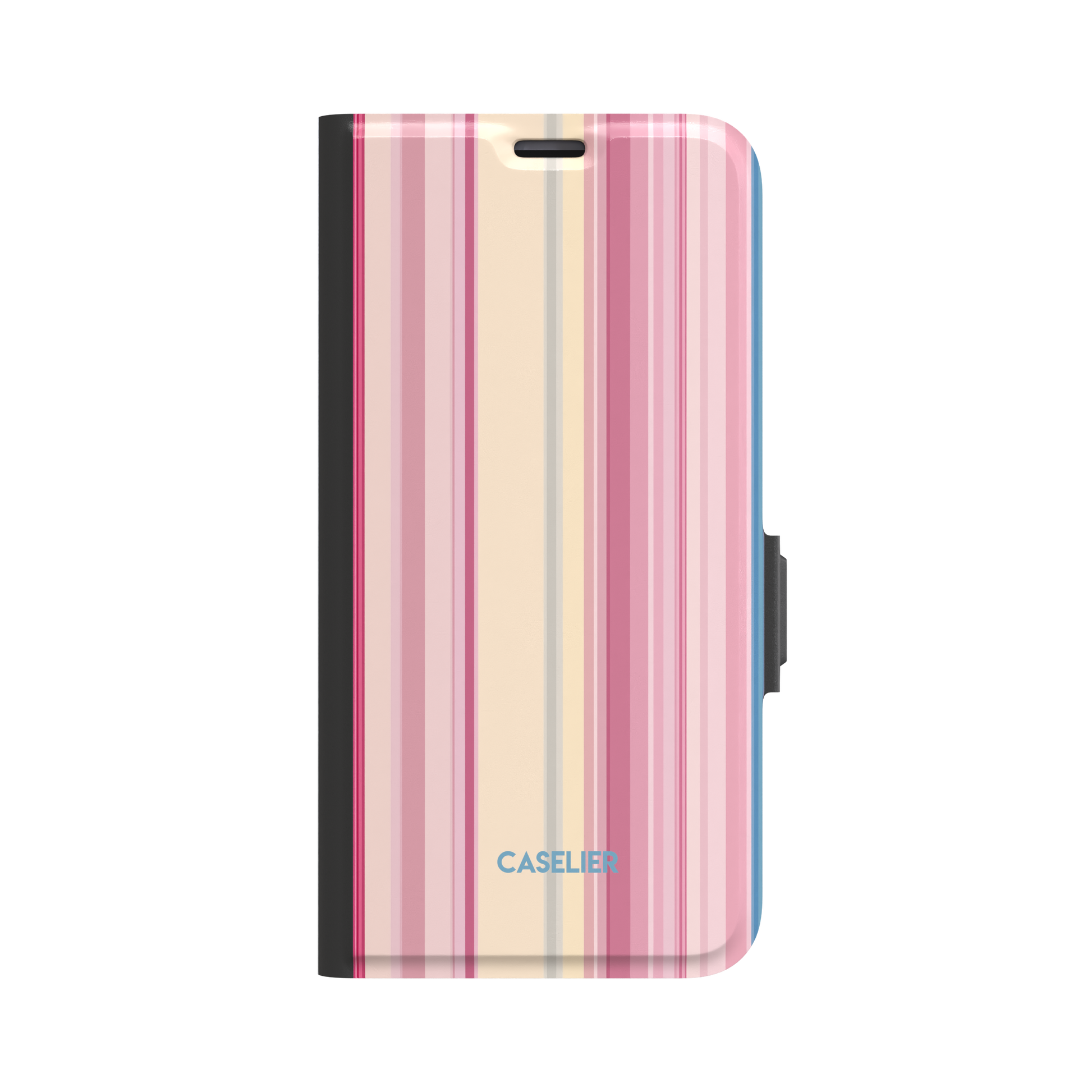 Folio wallet phone case with vertical stripes in deep rose, soft pink, cream and periwinkle blue, front-facing view with black spine and blue side trim, phone case by Caselier - wallet case, front view | Caselier