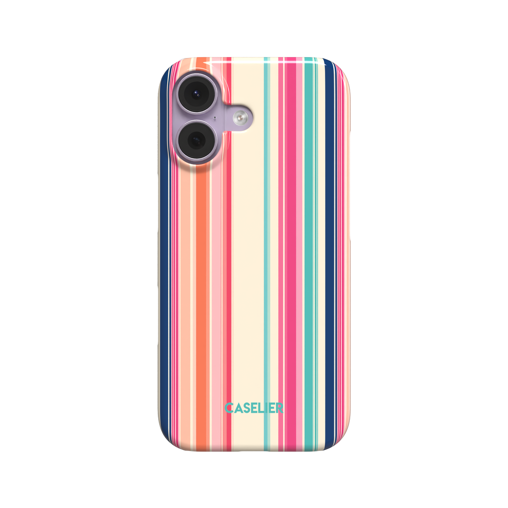Snap phone case with bold vertical stripes in hot pink, coral orange, teal and navy on a cream base, primary product shot on white background, phone case by Caselier - snap case, front view | Caselier