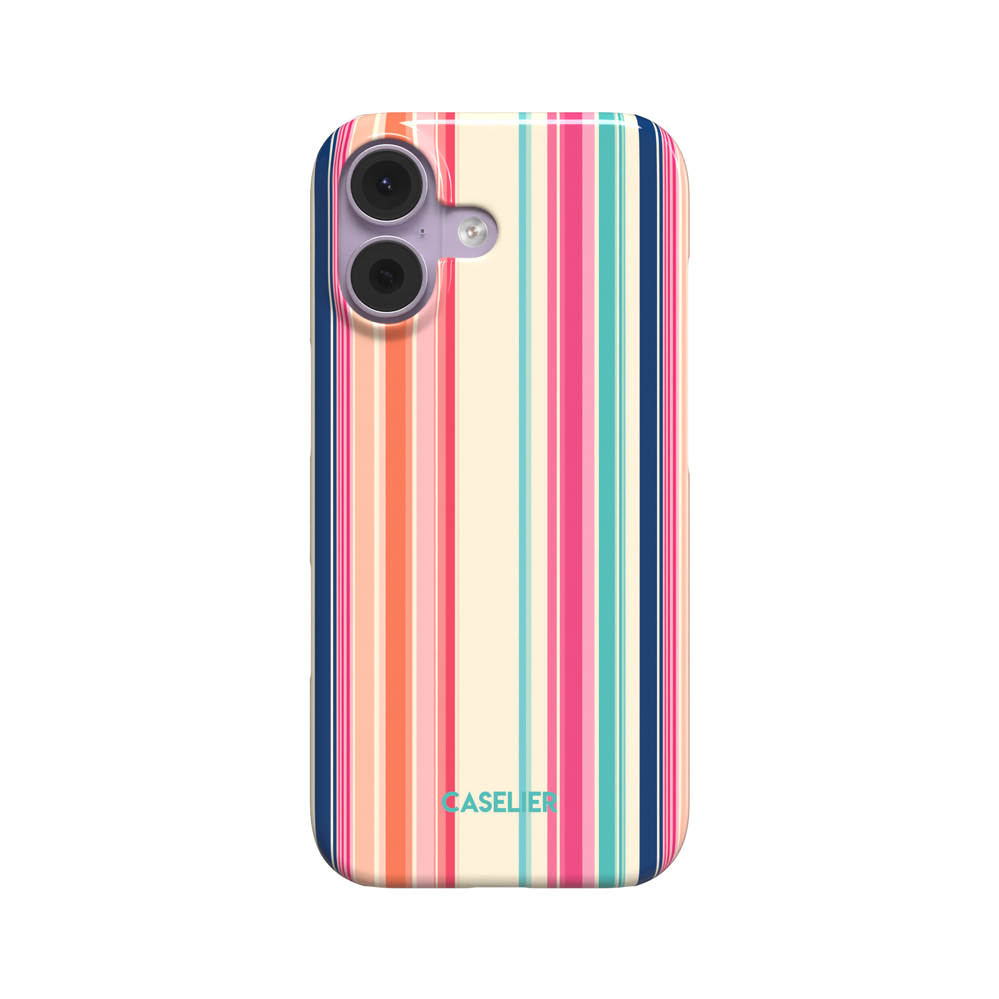 Snap phone case with bold vertical stripes in hot pink, coral orange, teal and navy on a cream base, primary product shot on white background, phone case by Caselier - snap case, front view | Caselier