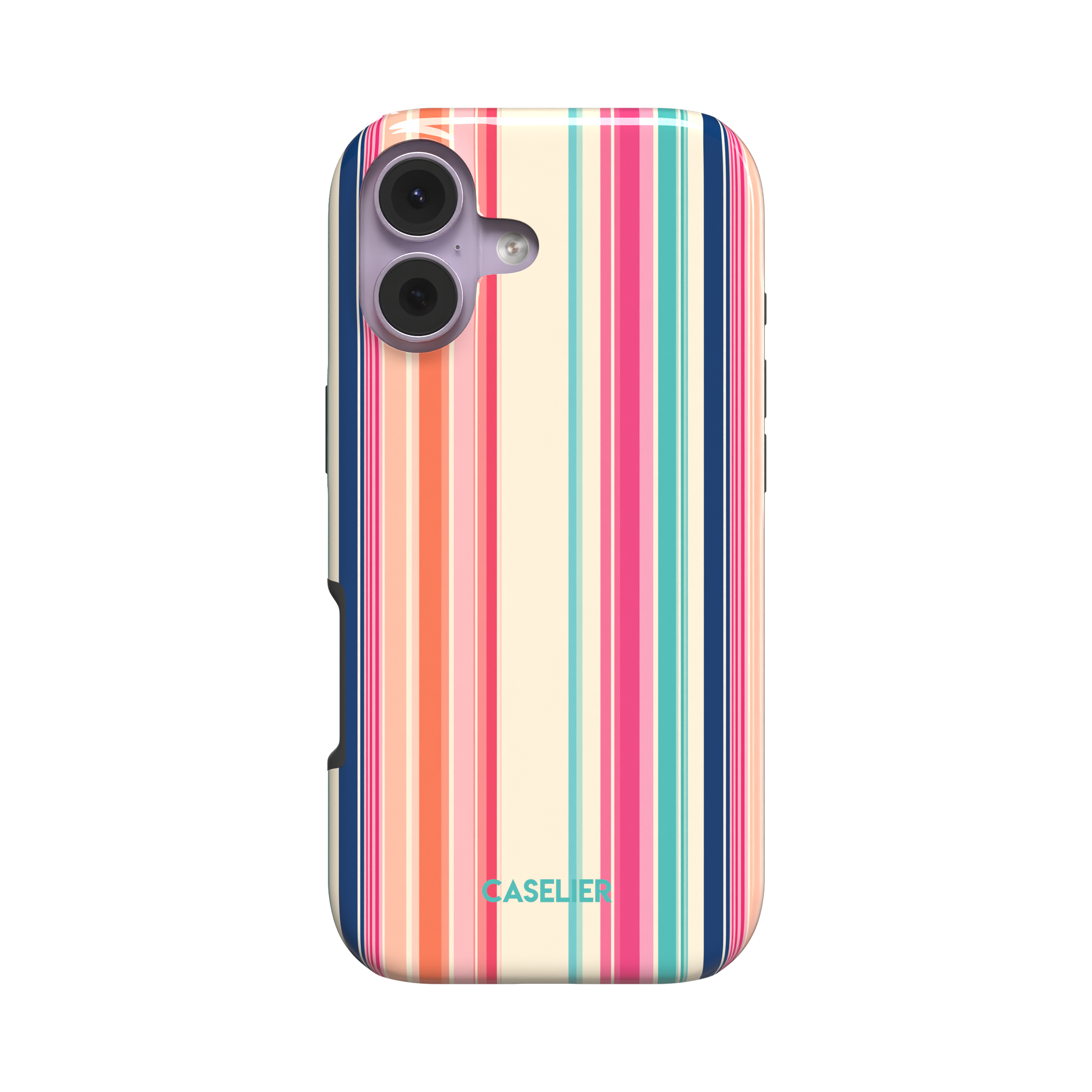 Snap phone case with bold vertical stripes in hot pink, coral orange, teal and navy on a cream base, slightly angled side view showing button cutouts, phone case by Caselier - tough case, front view | Caselier