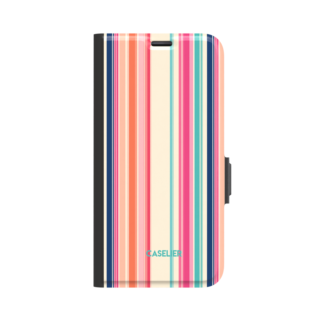 Folio wallet phone case with bold vertical stripes in hot pink, coral orange, teal and navy on a cream base, front-facing view with black spine and side clasp, phone case by Caselier - wallet case, front view | Caselier
