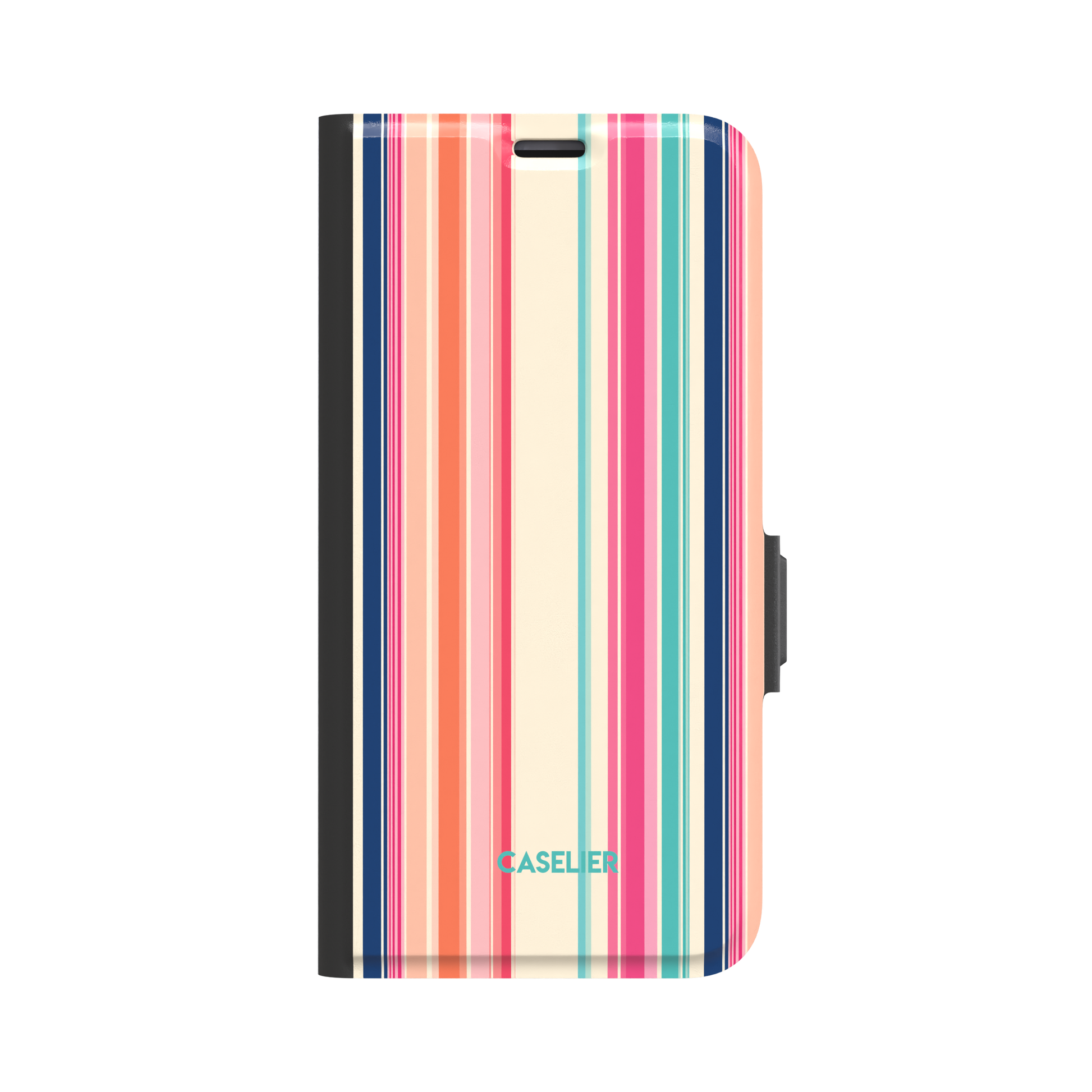 Folio wallet phone case with bold vertical stripes in hot pink, coral orange, teal and navy on a cream base, front-facing view with black spine and side clasp, phone case by Caselier - wallet case, front view | Caselier