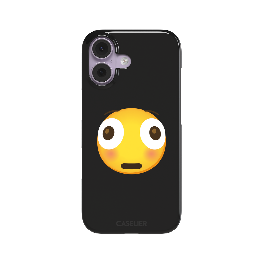 Moments Before Disaster phone case featuring a large flushed emoji face with wide eyes and rosy cheeks on a matte black background, phone case by Caselier — snap case, front view