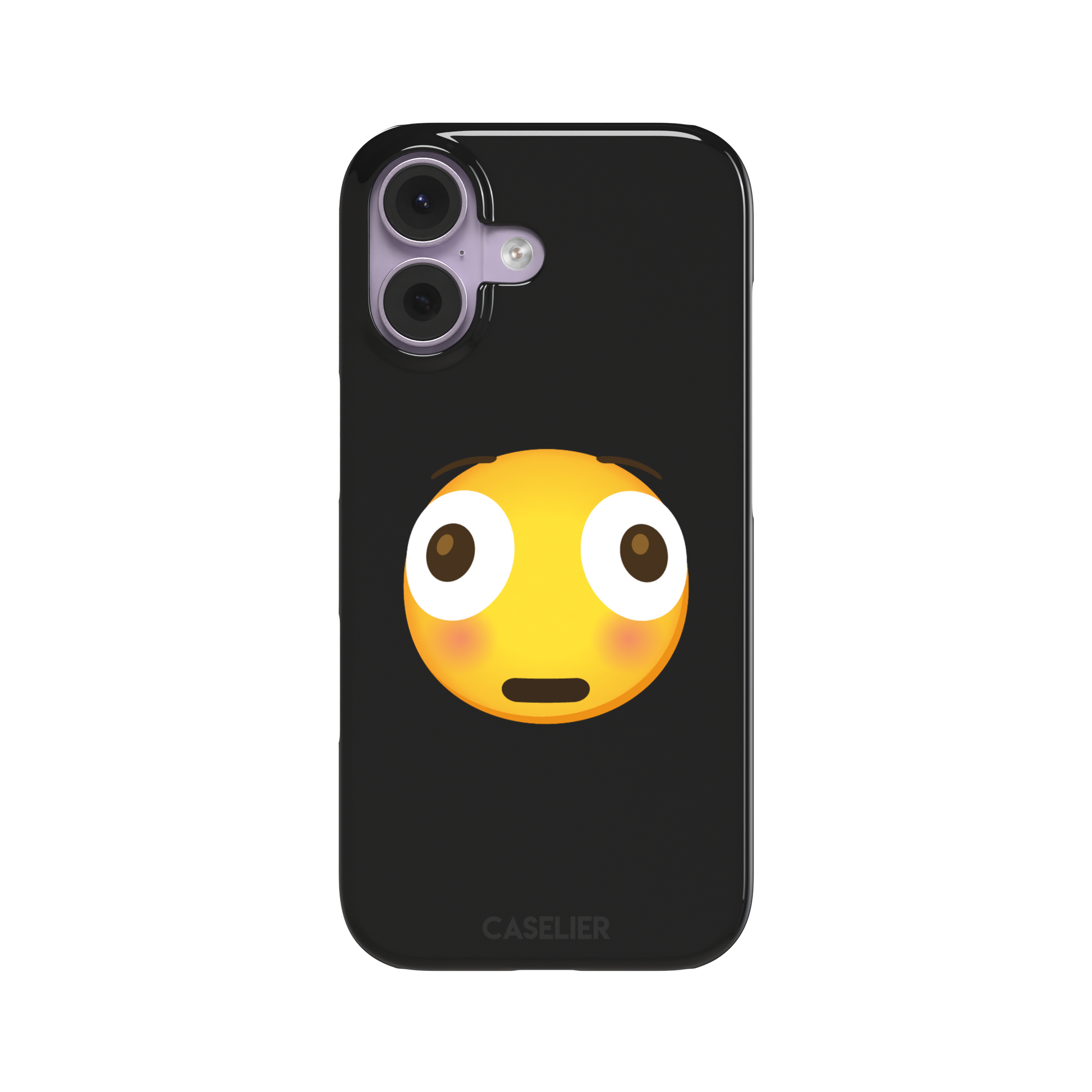 Moments Before Disaster phone case featuring a large flushed emoji face with wide eyes and rosy cheeks on a matte black background, phone case by Caselier — snap case, front view