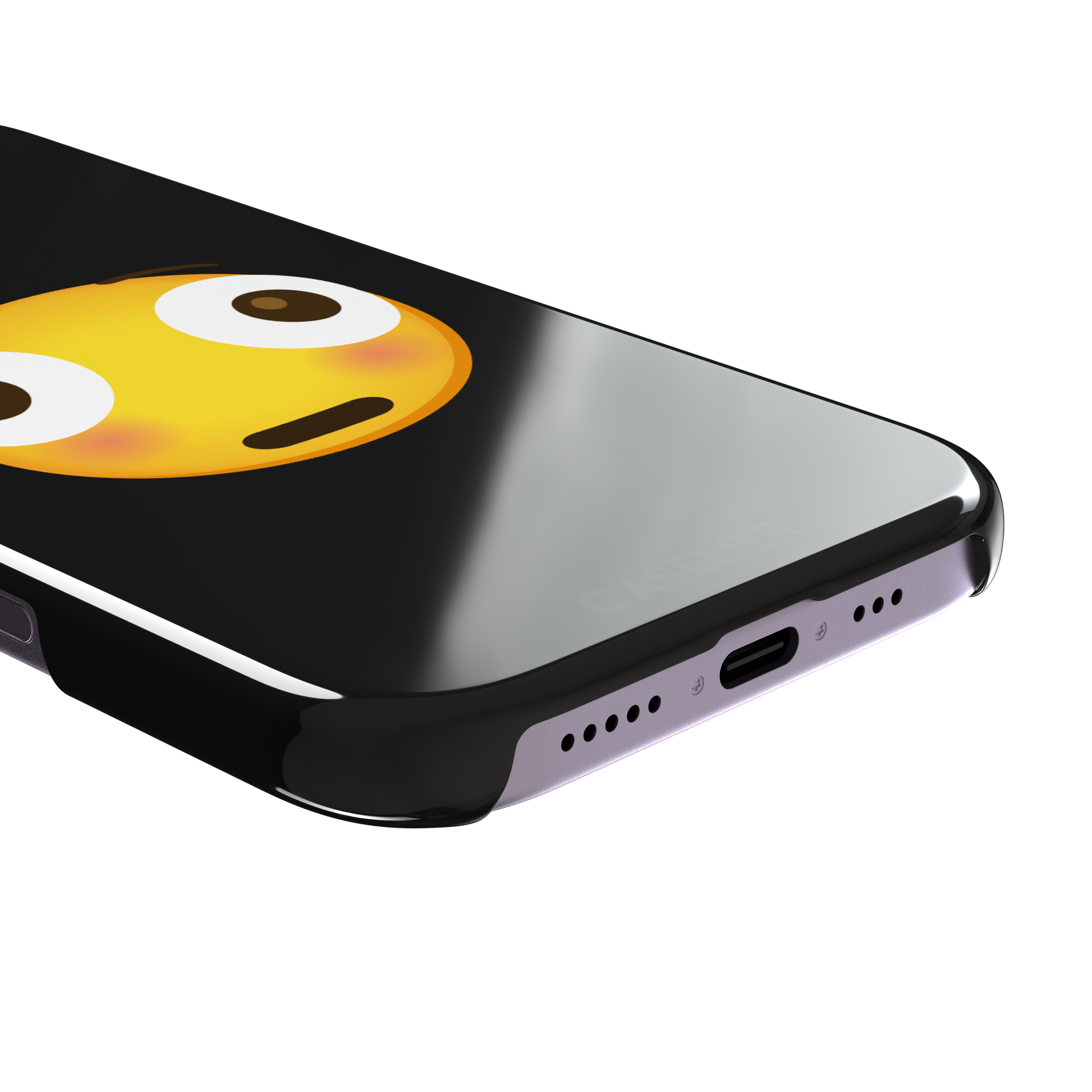 Moments Before Disaster phone case featuring a large flushed emoji face with wide eyes and rosy cheeks on a matte black background, phone case by Caselier — snap case, charging port detail