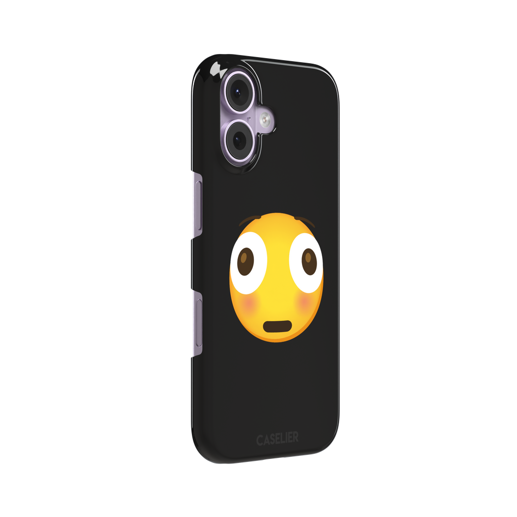 Moments Before Disaster phone case featuring a large flushed emoji face with wide eyes and rosy cheeks on a matte black background, phone case by Caselier — snap case, left view