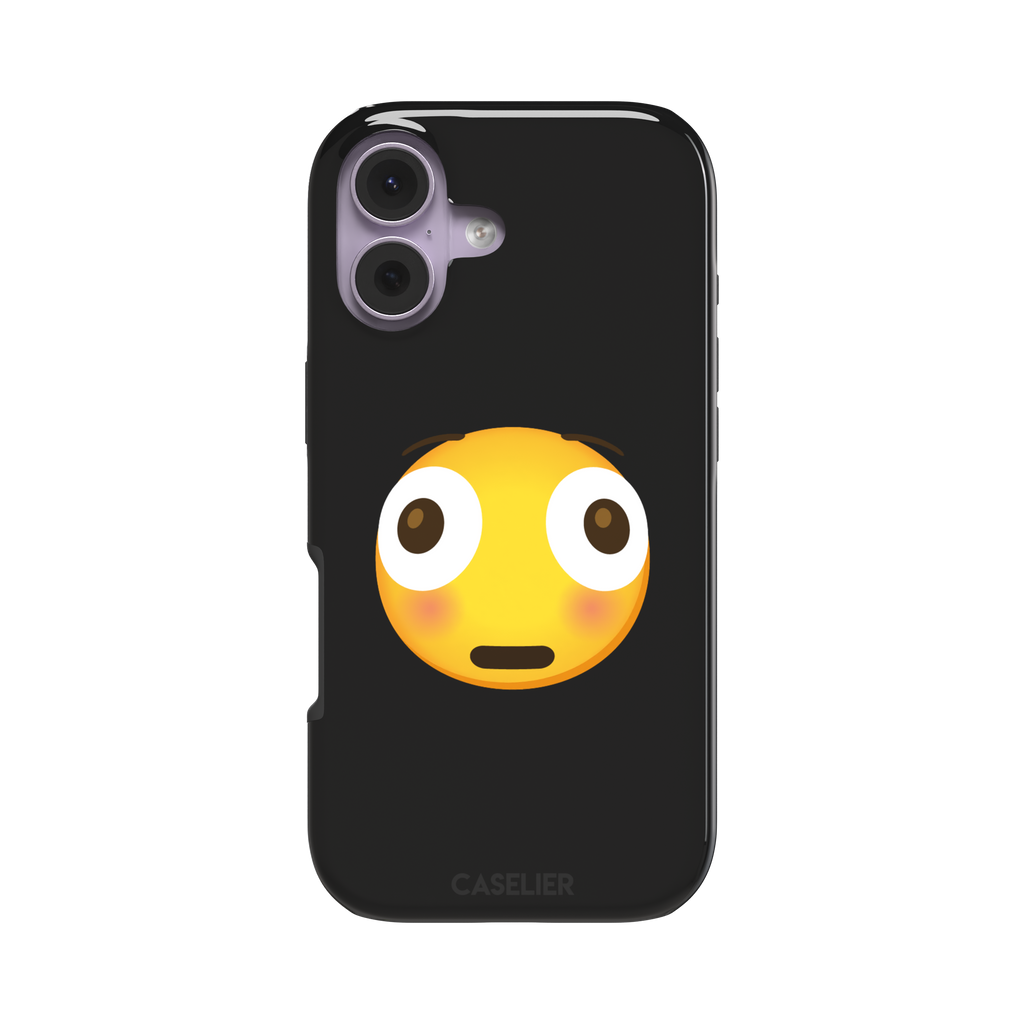Moments Before Disaster phone case featuring a large flushed emoji face with wide eyes and rosy cheeks on a matte black background, phone case by Caselier — tough case, front view