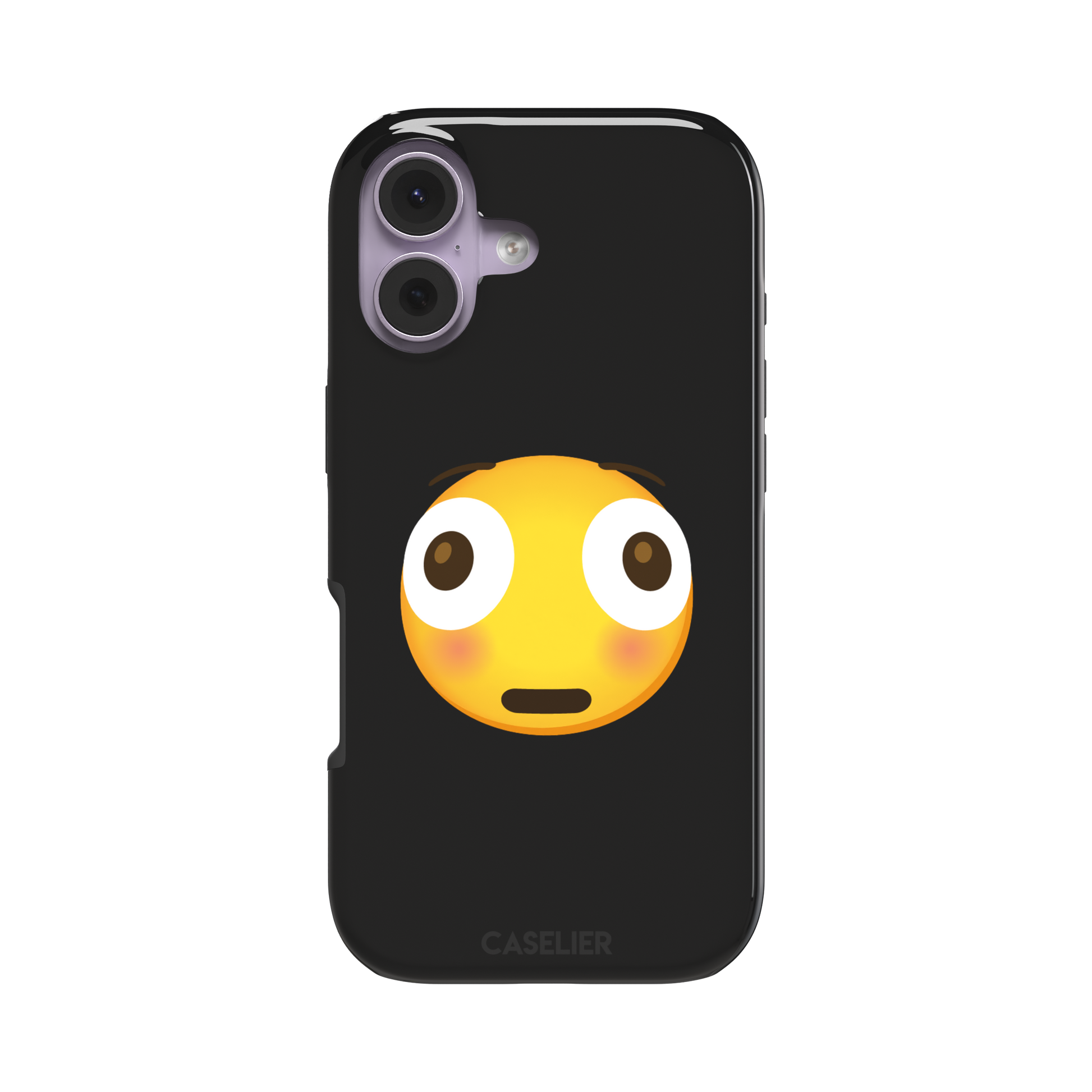 Moments Before Disaster phone case featuring a large flushed emoji face with wide eyes and rosy cheeks on a matte black background, phone case by Caselier — tough case, front view