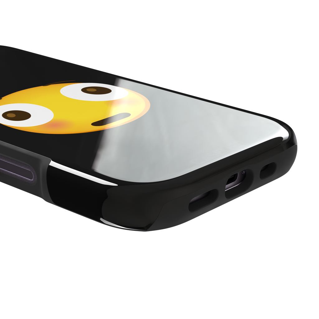 Moments Before Disaster phone case featuring a large flushed emoji face with wide eyes and rosy cheeks on a matte black background, phone case by Caselier — tough case, charging port detail