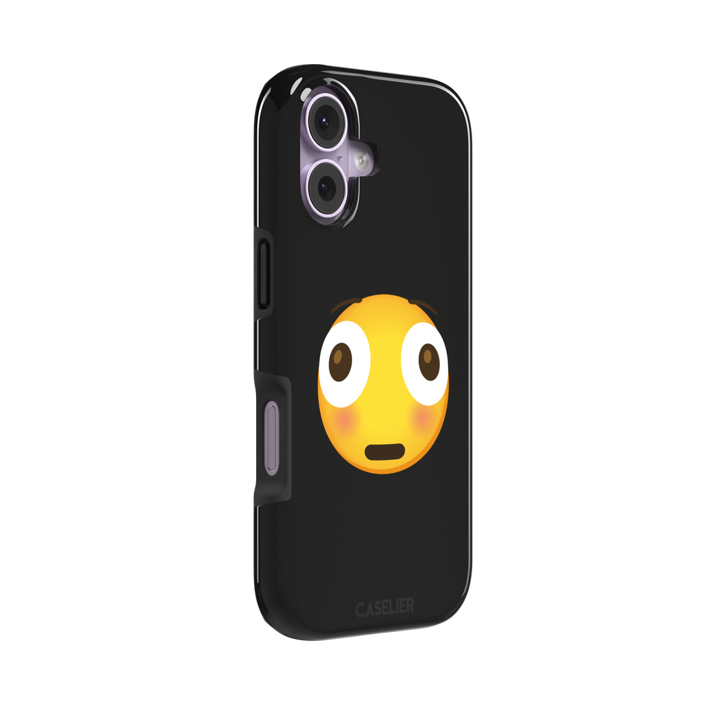 Moments Before Disaster phone case featuring a large flushed emoji face with wide eyes and rosy cheeks on a matte black background, phone case by Caselier — tough case, left view