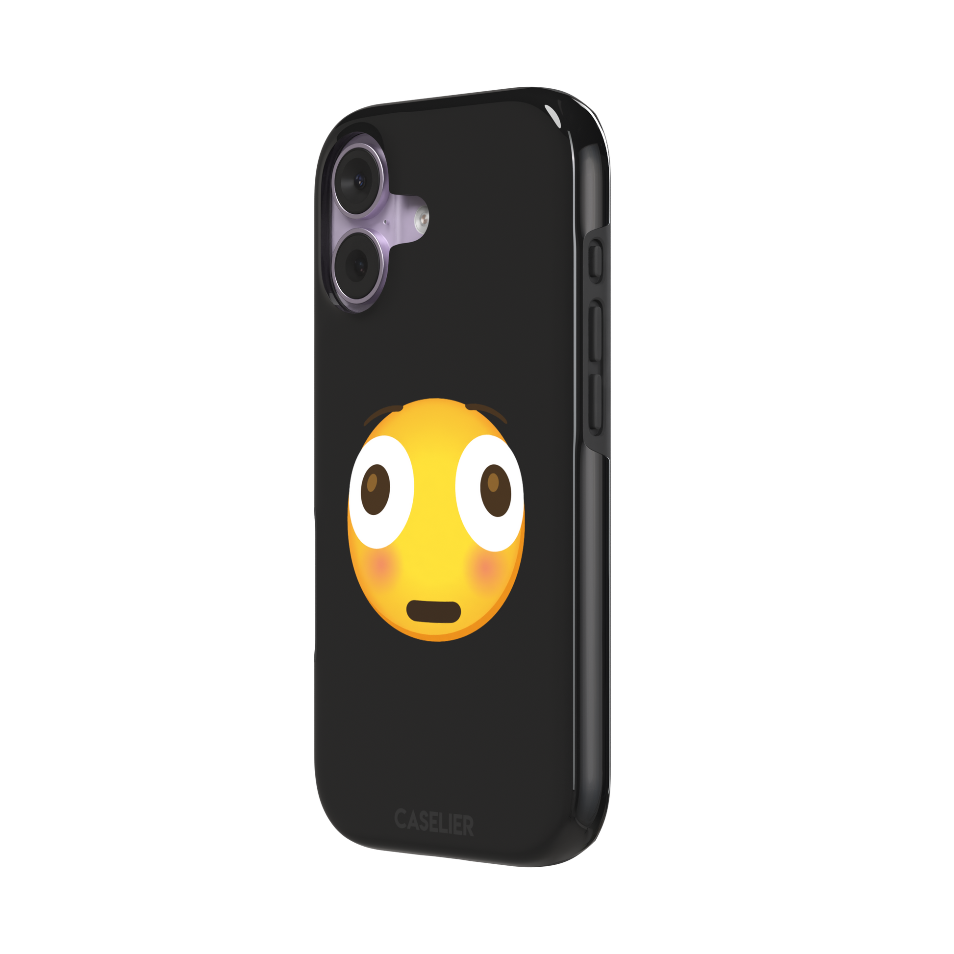 Moments Before Disaster phone case featuring a large flushed emoji face with wide eyes and rosy cheeks on a matte black background, phone case by Caselier — tough case, right view