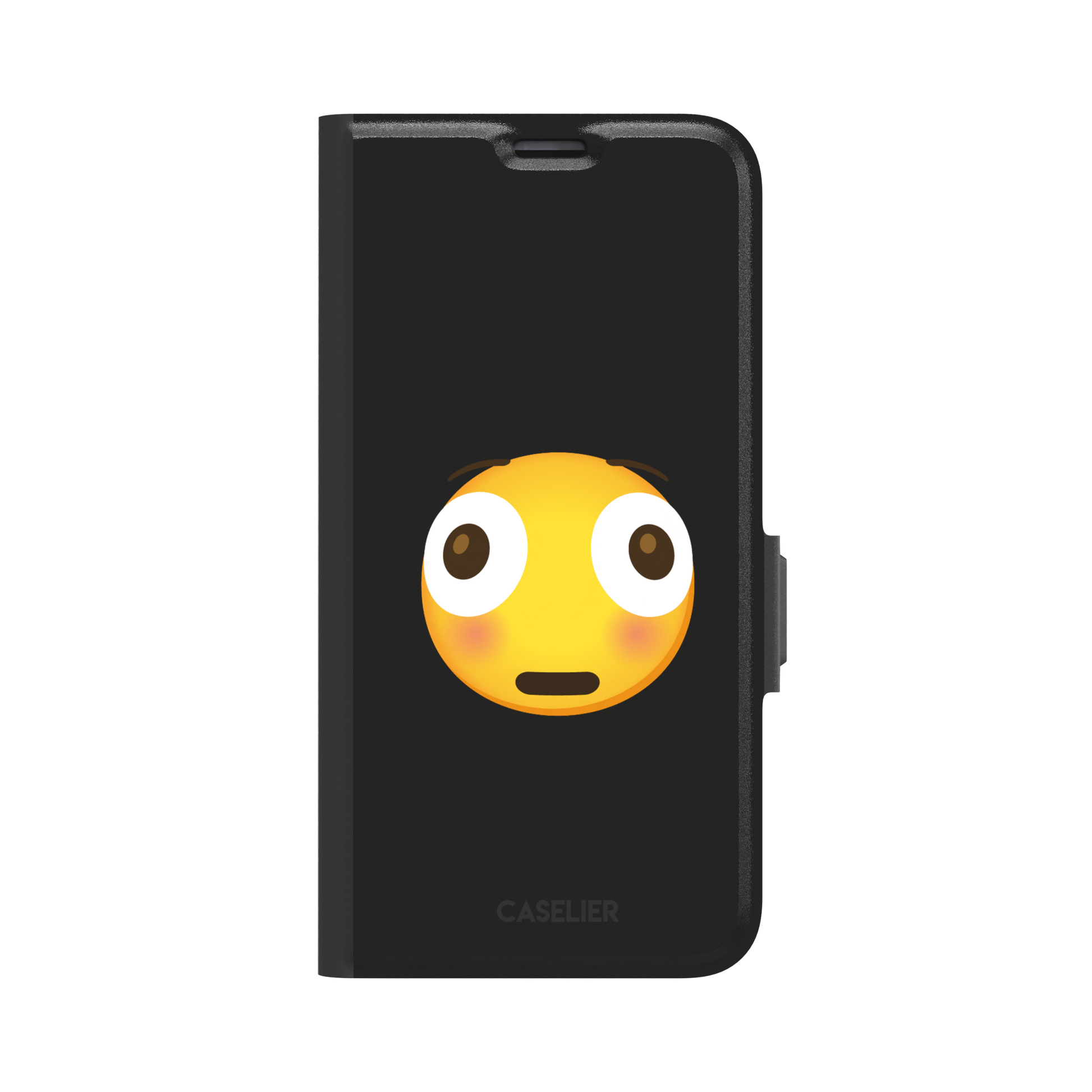Moments Before Disaster phone case featuring a large flushed emoji face with wide eyes and rosy cheeks on a matte black background, phone case by Caselier — wallet case, front view