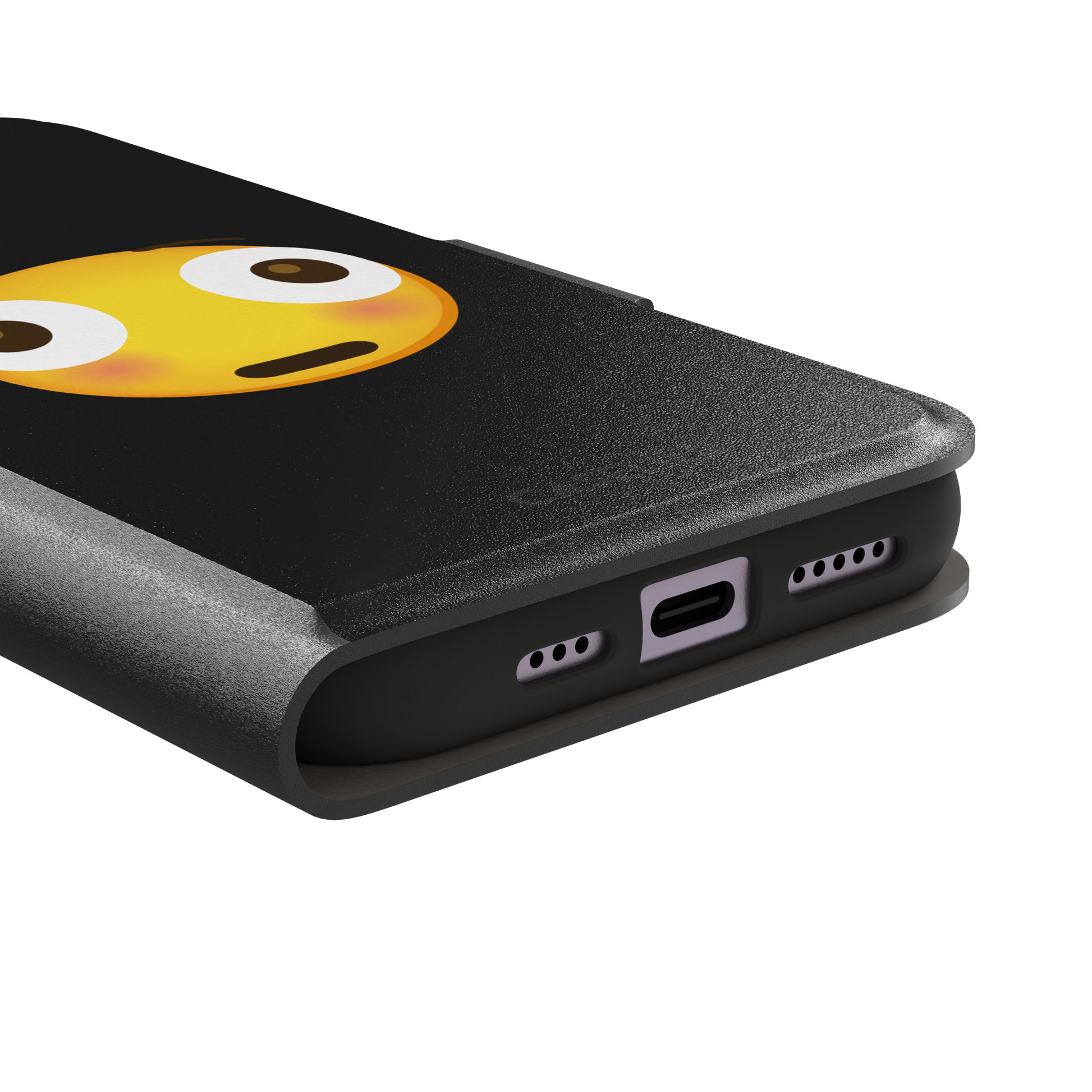 Moments Before Disaster phone case featuring a large flushed emoji face with wide eyes and rosy cheeks on a matte black background, phone case by Caselier — wallet case, charging port detail
