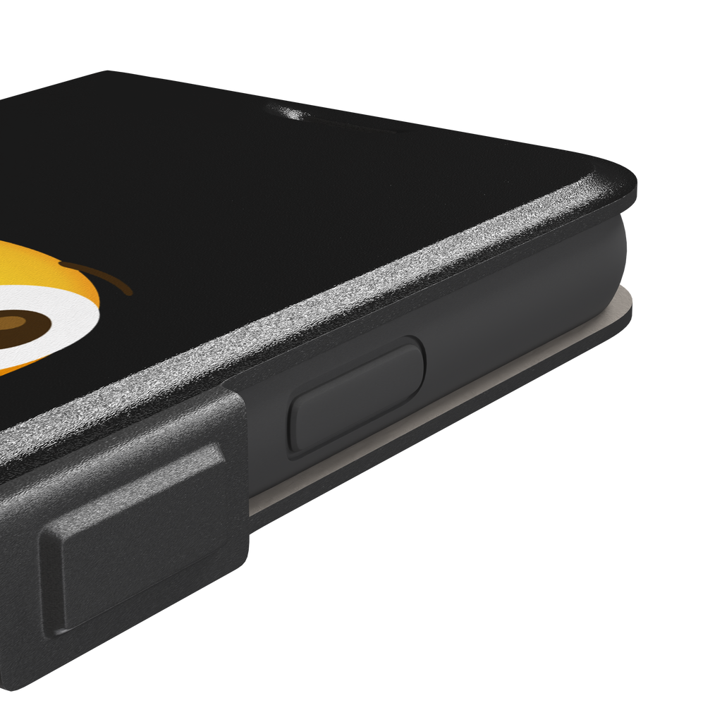 Moments Before Disaster phone case featuring a large flushed emoji face with wide eyes and rosy cheeks on a matte black background, phone case by Caselier — wallet case, volume buttons detail