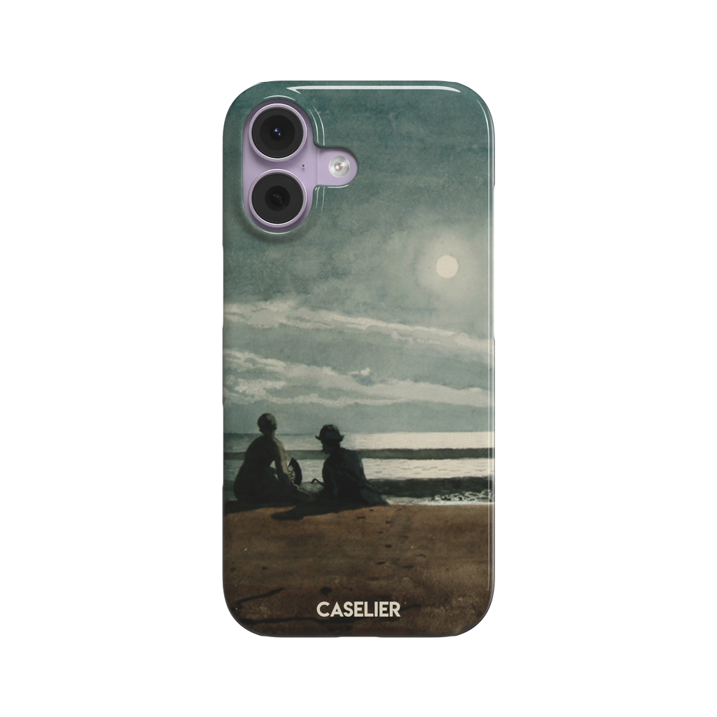 Winslow Homer Moonlight painting phone case showing two silhouetted figures on a moonlit beach with a glowing full moon over a grey-green sea, phone case by Caselier — snap case, front view