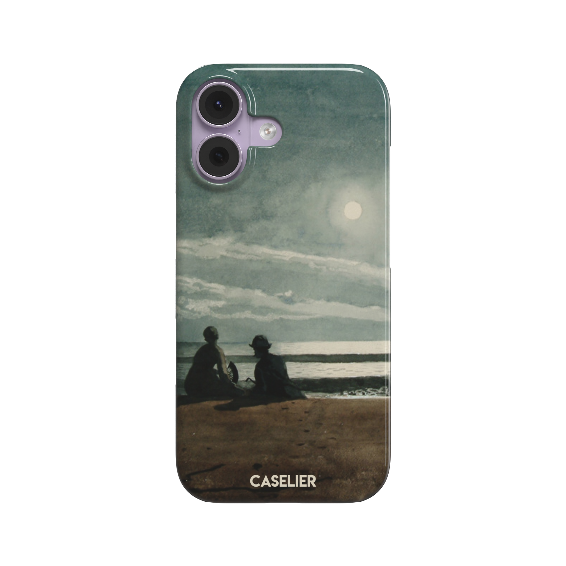 Winslow Homer Moonlight painting phone case showing two silhouetted figures on a moonlit beach with a glowing full moon over a grey-green sea, phone case by Caselier — snap case, front view