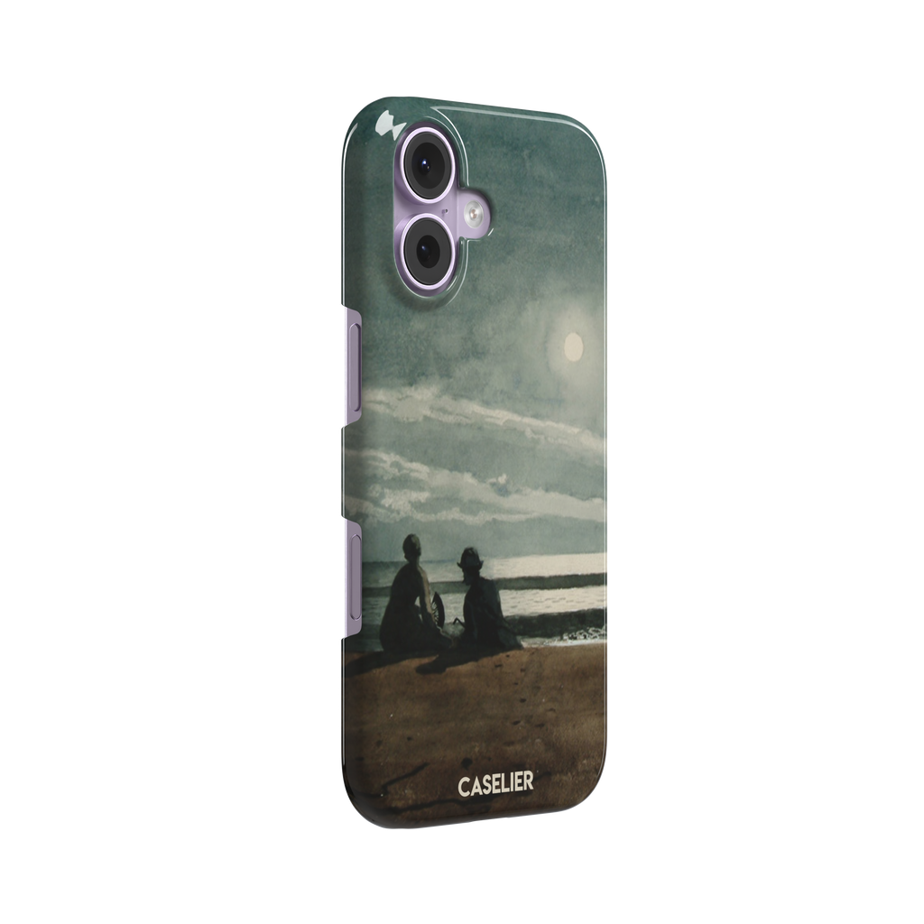 Winslow Homer Moonlight painting phone case showing two silhouetted figures on a moonlit beach with a glowing full moon over a grey-green sea, phone case by Caselier — snap case, left view