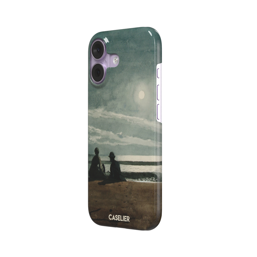 Winslow Homer Moonlight painting phone case showing two silhouetted figures on a moonlit beach with a glowing full moon over a grey-green sea, phone case by Caselier — snap case, right view
