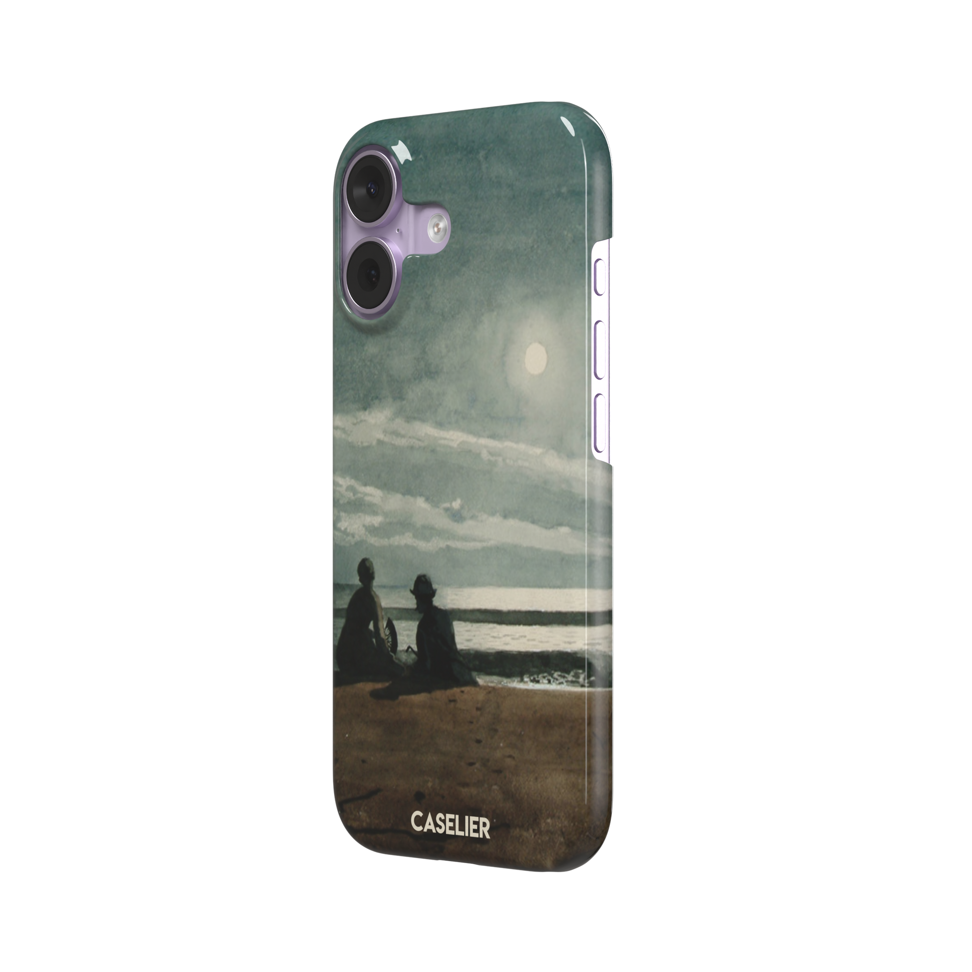 Winslow Homer Moonlight painting phone case showing two silhouetted figures on a moonlit beach with a glowing full moon over a grey-green sea, phone case by Caselier — snap case, right view