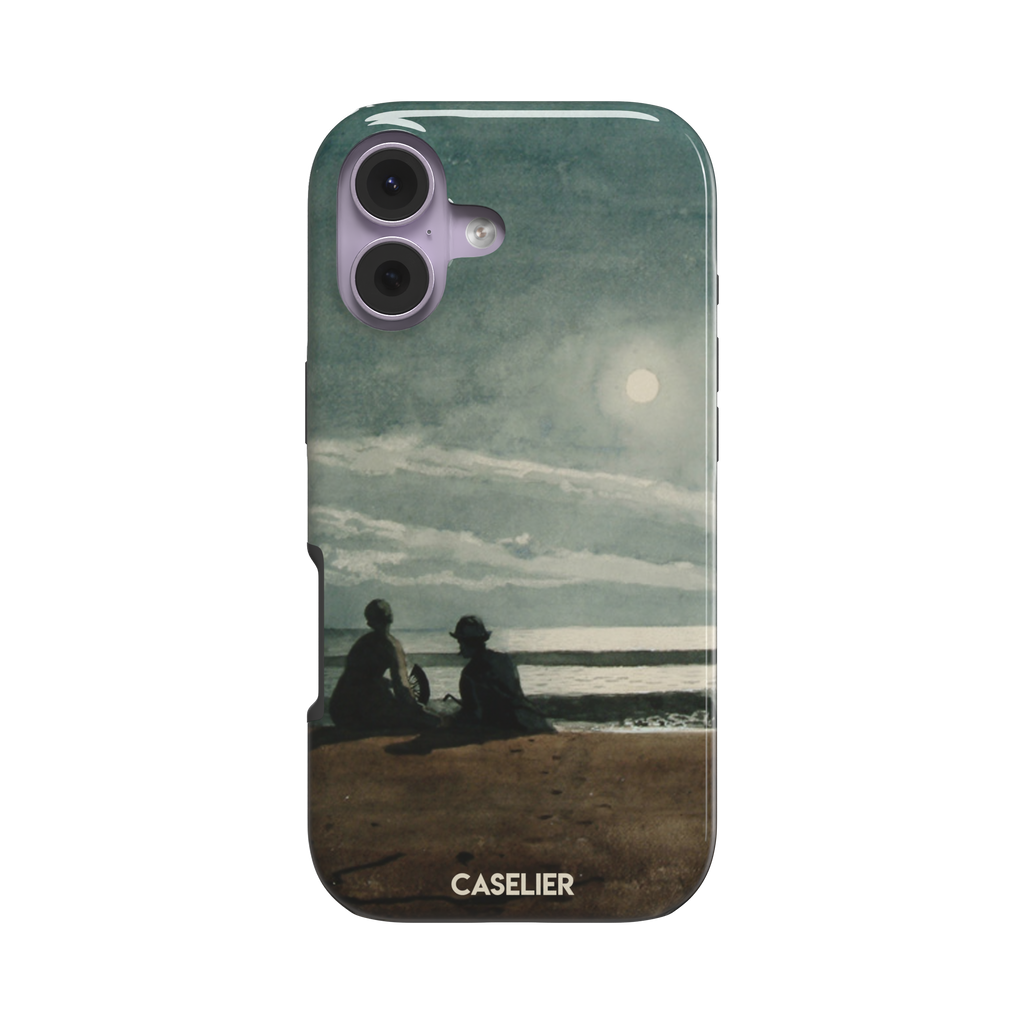 Winslow Homer Moonlight painting phone case showing two silhouetted figures on a moonlit beach with a glowing full moon over a grey-green sea, phone case by Caselier — tough case, front view